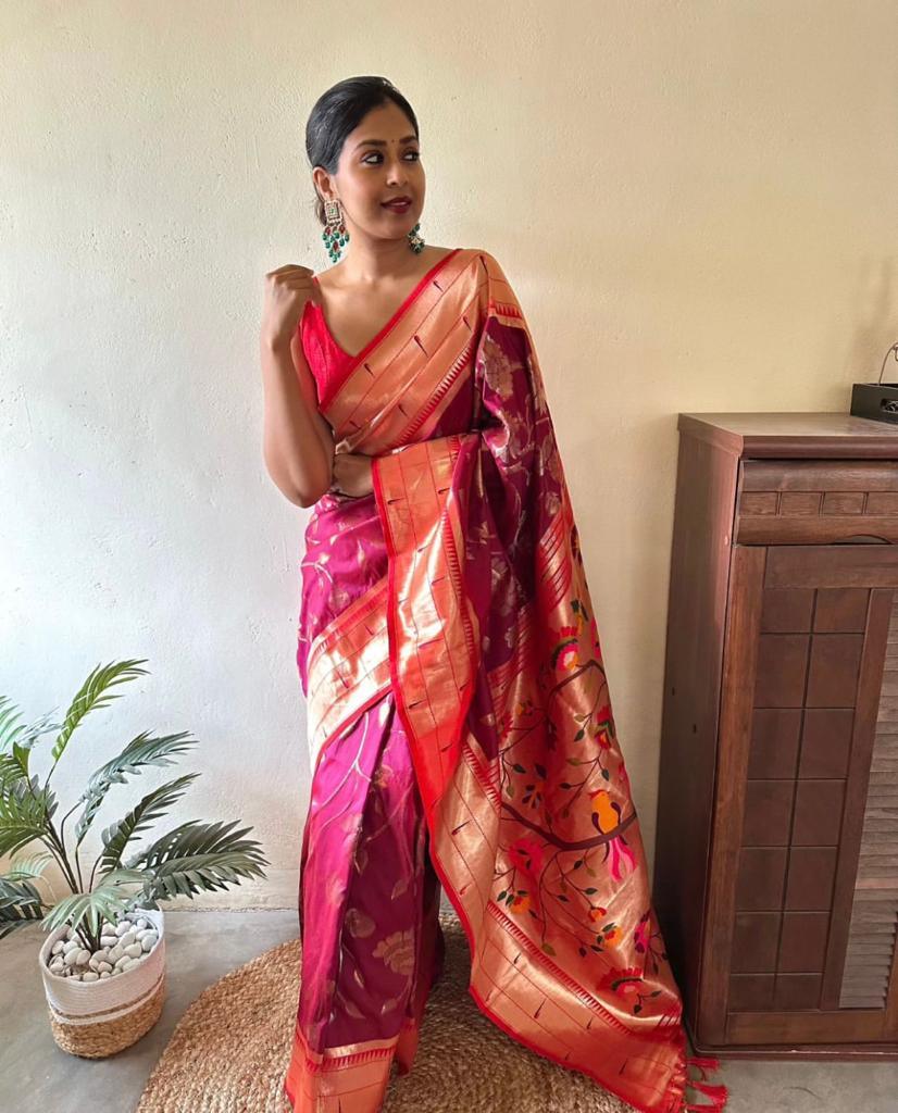 Royal Magenta & Gold Banarasi Brocade Silk Saree