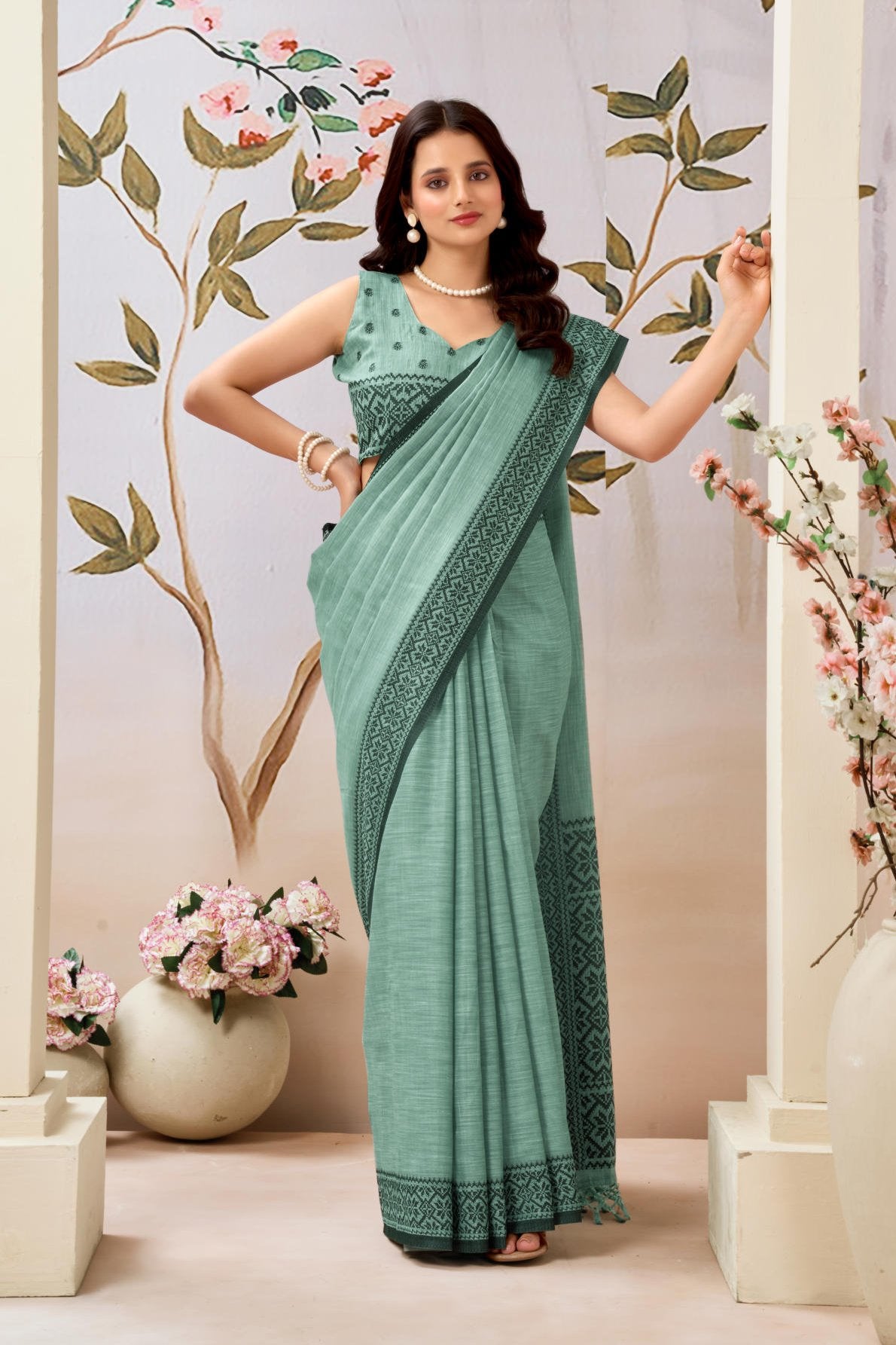 A high-quality Pure Linen by Linen Handloom Saree (6.30 meters) showcasing a traditional woven border and pallu. It includes a running Pure Linen blouse piece (0.80 meters) detailed with all-over weave buttis and a complementary border, offered as a six-piece set.