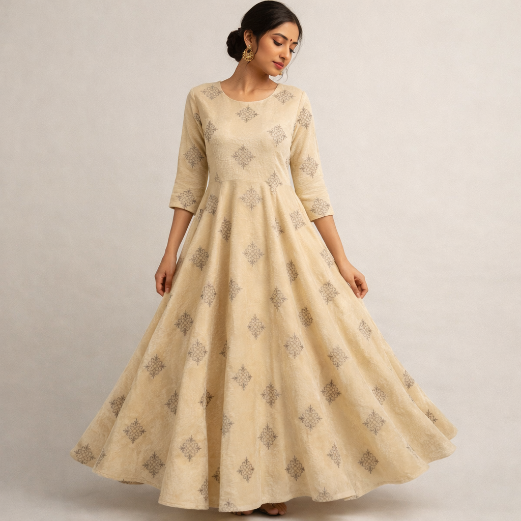 Cream Kite Embroidery Velvet Fabric – Designer Work | 1 Meter