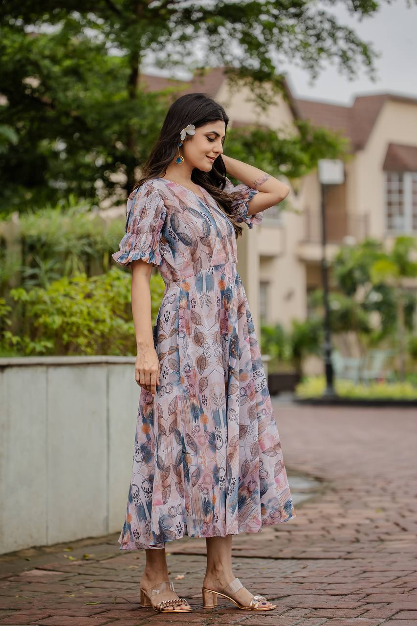 Weave faux georgette digital print designer gown with 5 meter flare and half sleeves
