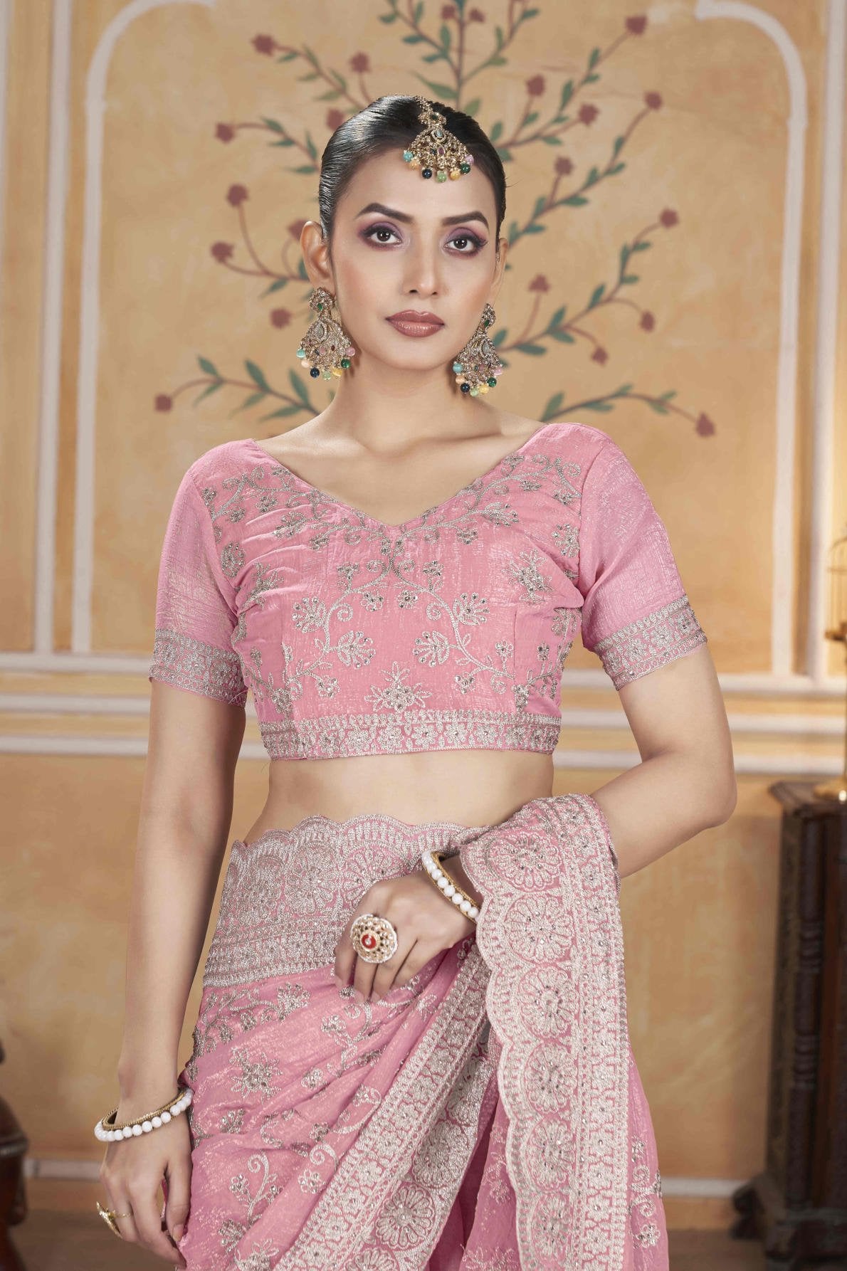gold crunchy saree with silver jari embroidery diamond work and cutwork border with embroidered blouse