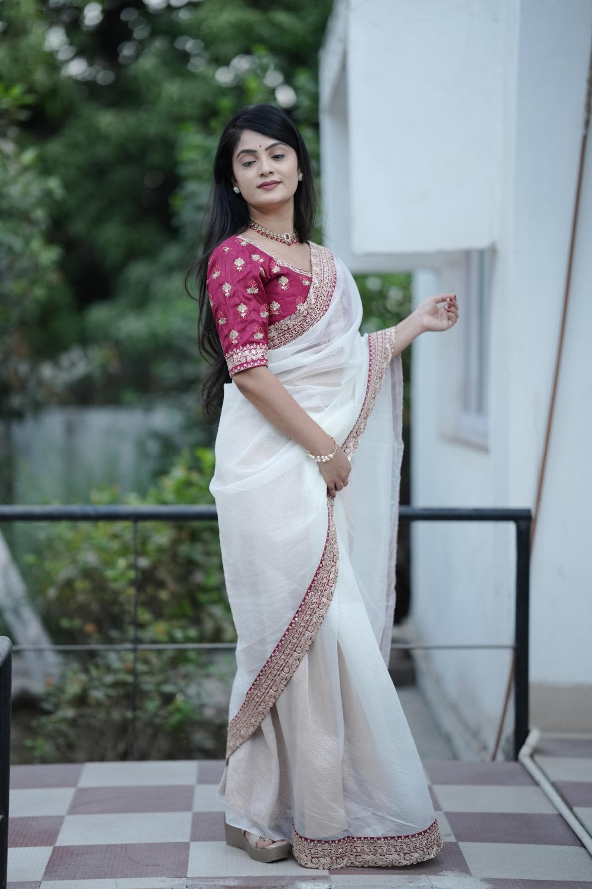 off white banarasi crush saree with sequins border and maroon embroidered blouse