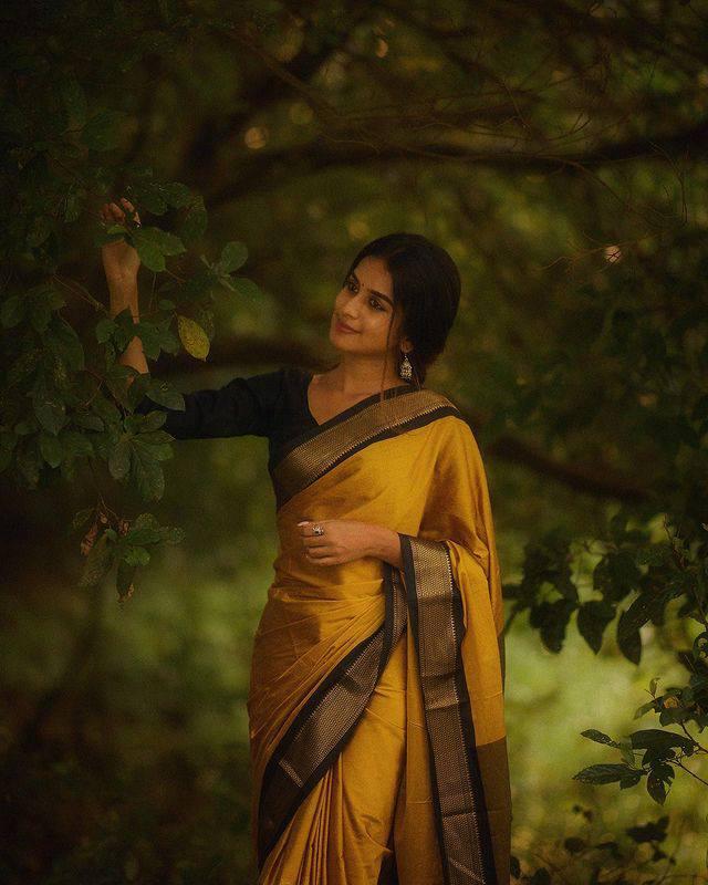 Banarasi Silk saree featuring a shimmering texture and wide gold zari contrast border; available in 4 vibrant colors including bright yellow.