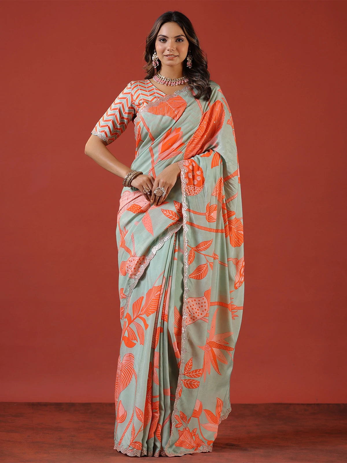 Pastel Green and Orange Floral Print Vichitra Silk Saree with Sequin Embroidery Border and Chevron Blouse