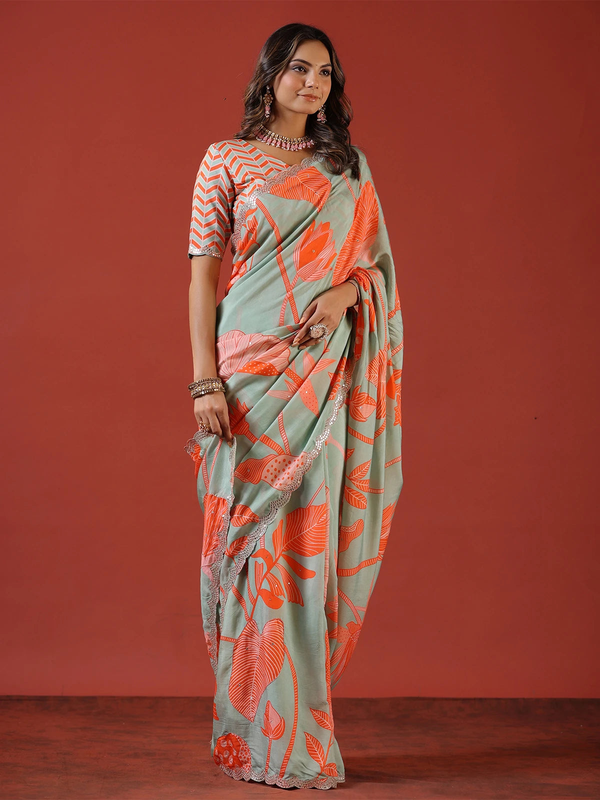 Pastel Green and Orange Floral Print Vichitra Silk Saree with Sequin Embroidery Border and Chevron Blouse