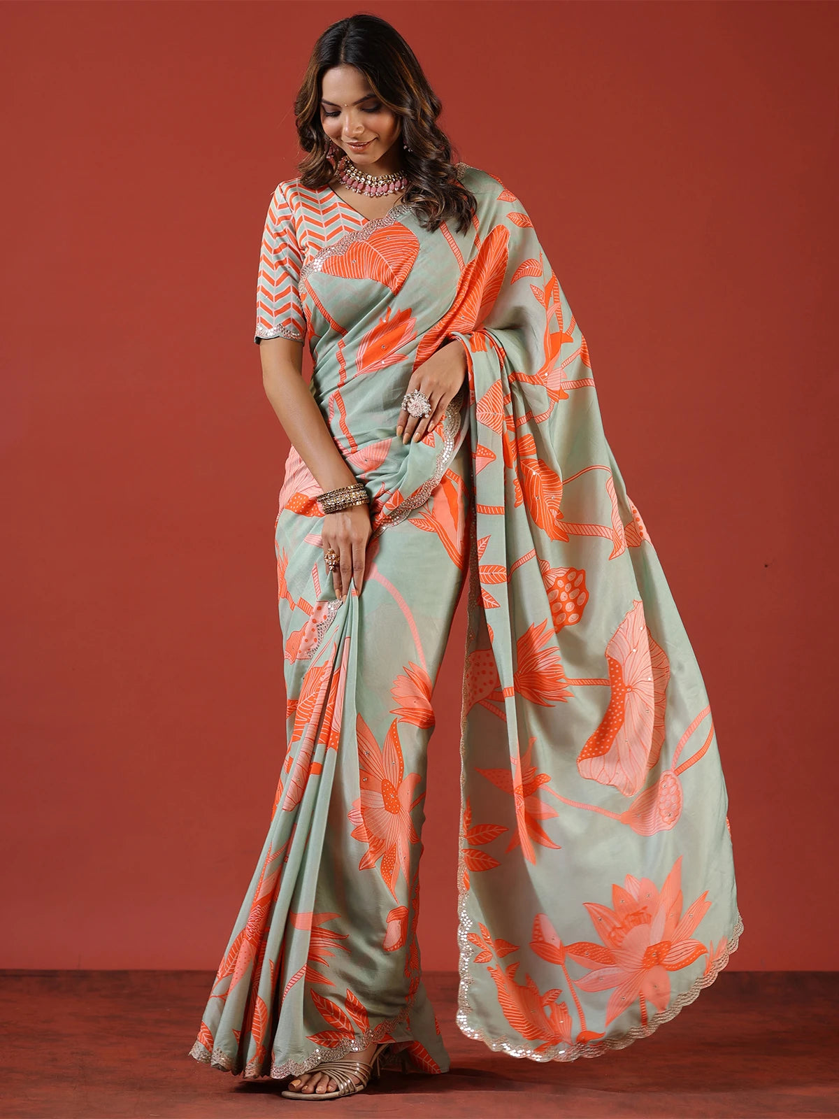 Pastel Green and Orange Floral Print Vichitra Silk Saree with Sequin Embroidery Border and Chevron Blouse