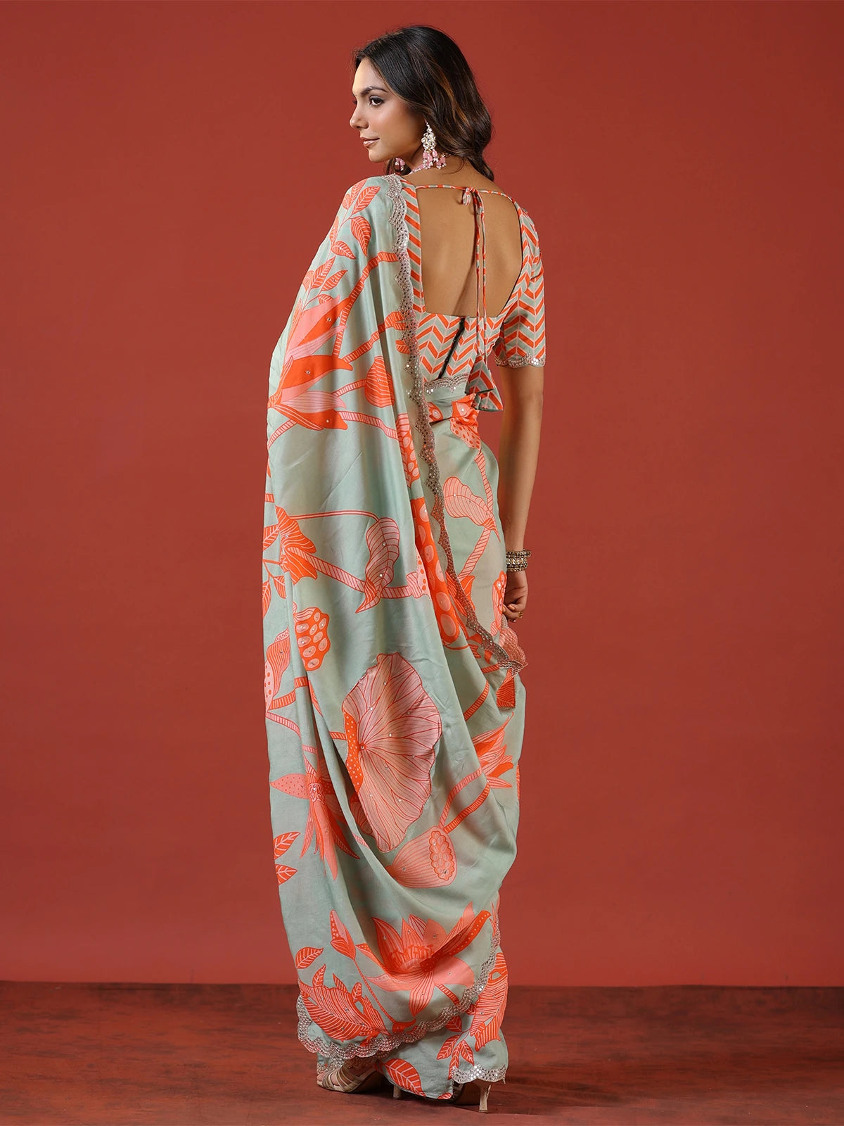 Pastel Green and Orange Floral Print Vichitra Silk Saree with Sequin Embroidery Border and Chevron Blouse