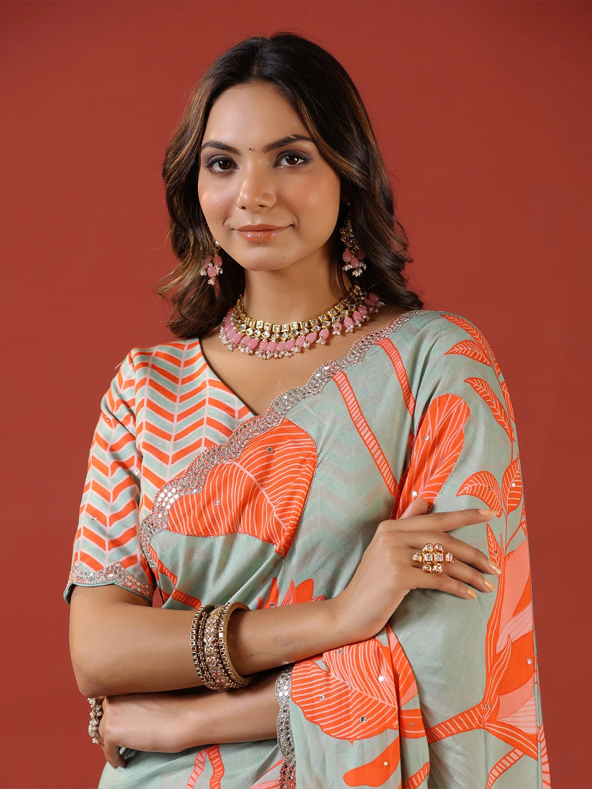 Pastel Green and Orange Floral Print Vichitra Silk Saree with Sequin Embroidery Border and Chevron Blouse