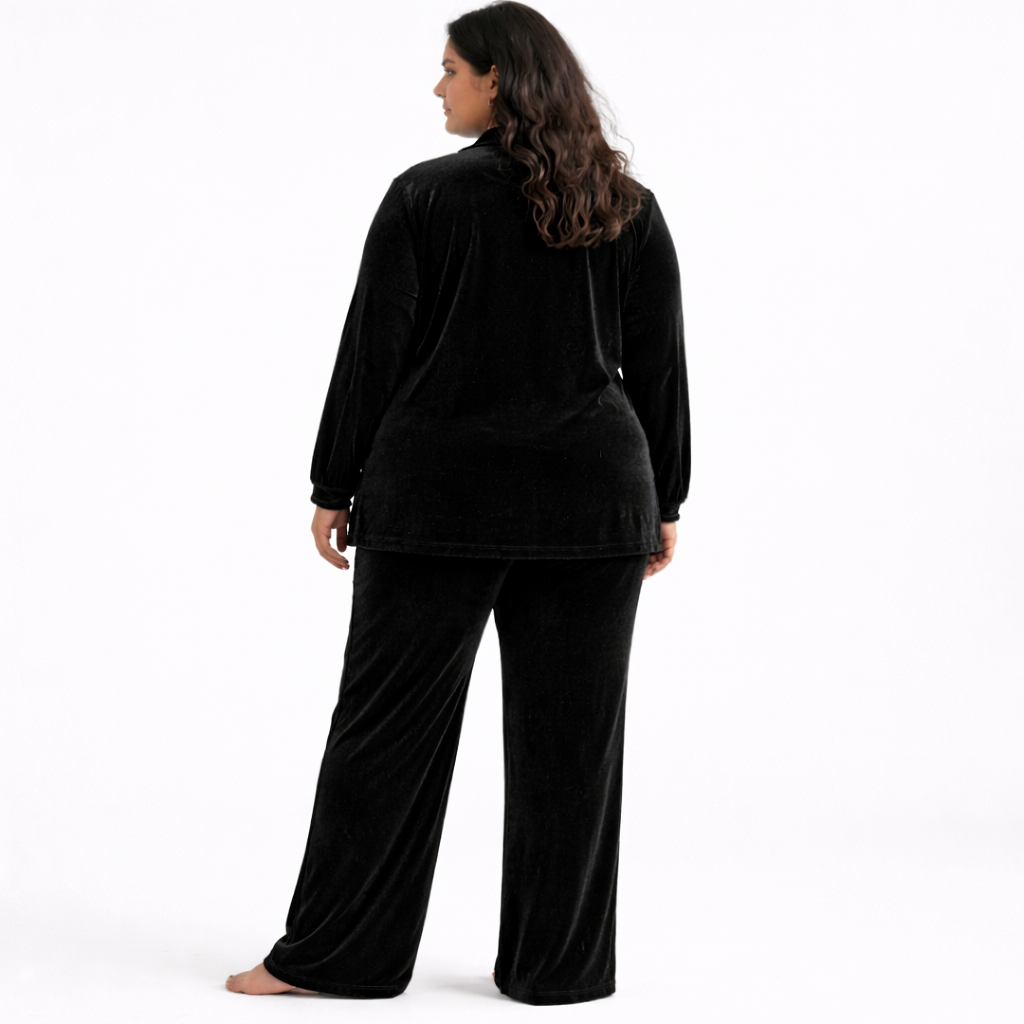 Black Solid Velvet Plus Size Pant Shirt Co-Ord Set for Women – 10XL