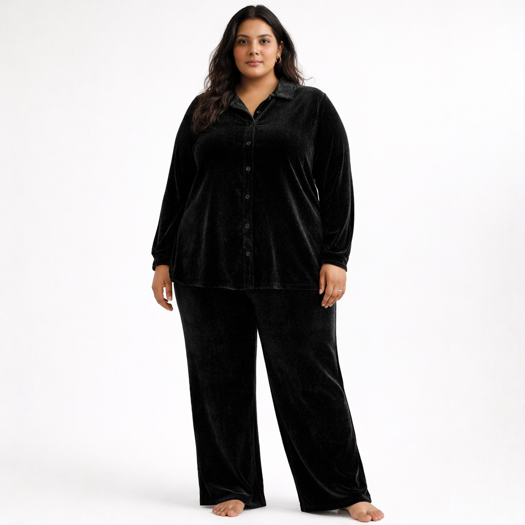 Black Solid Velvet Plus Size Pant Shirt Co-Ord Set for Women – 6XL