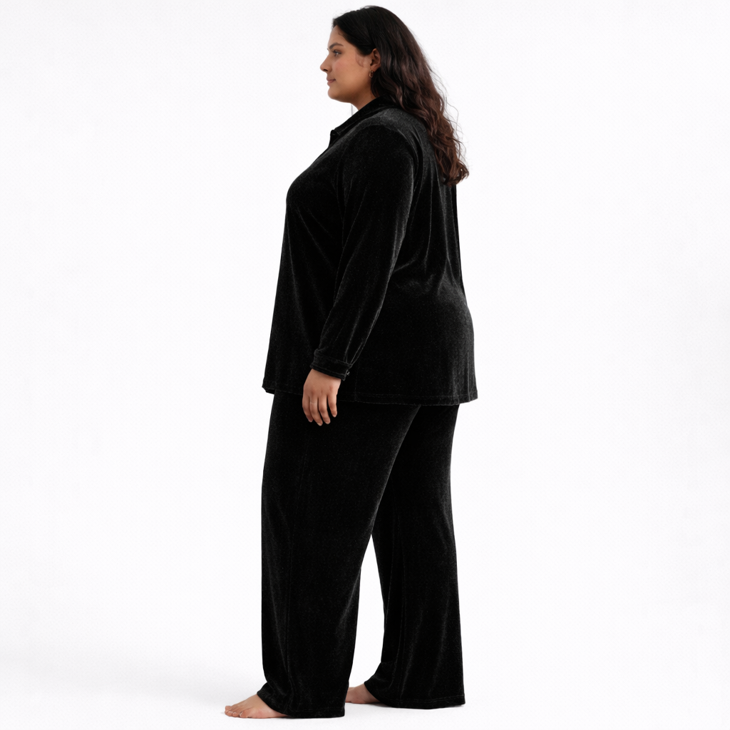 Black Solid Velvet Plus Size Pant Shirt Co-Ord Set for Women – 8XL