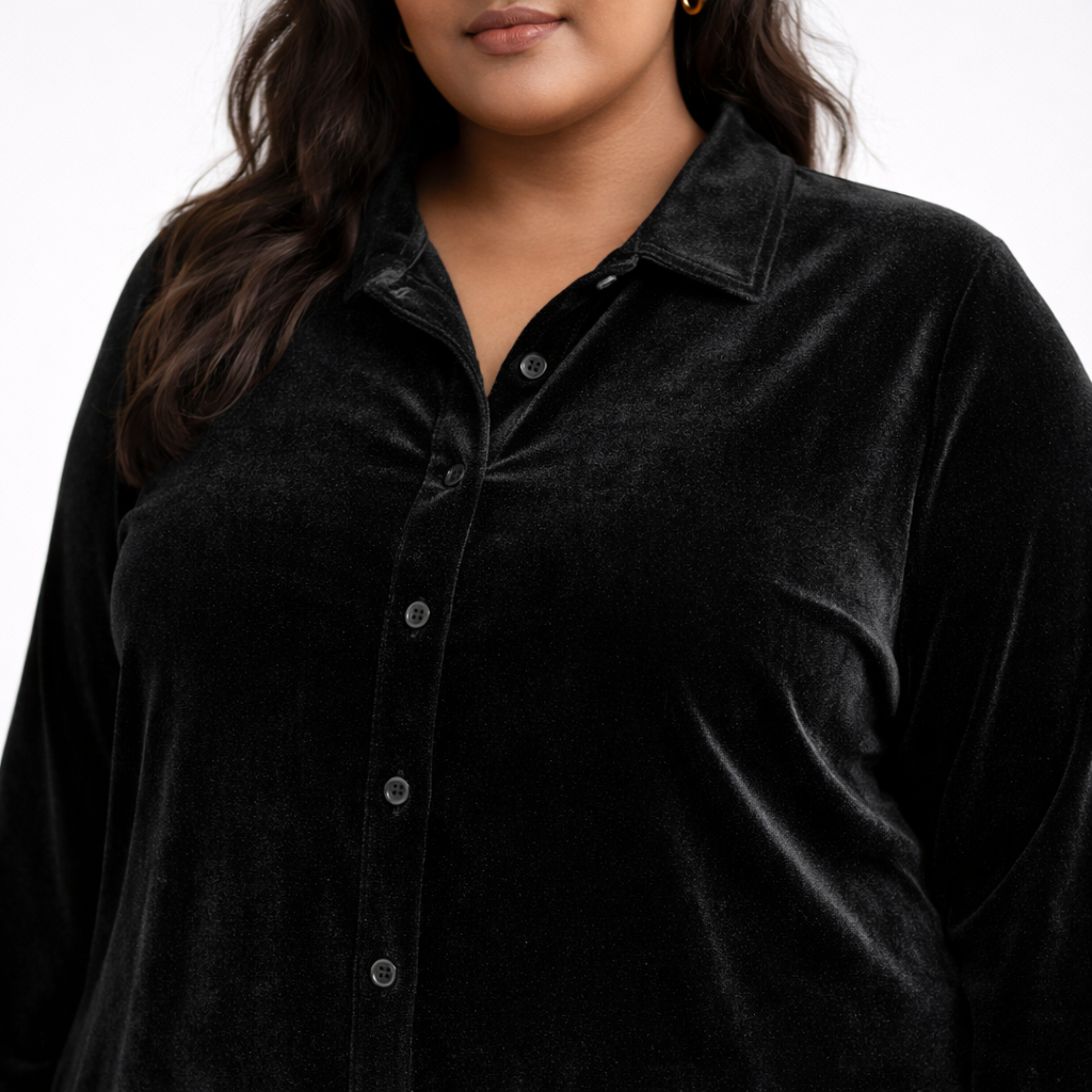 Black Solid Velvet Plus Size Pant Shirt Co-Ord Set for Women – 8XL