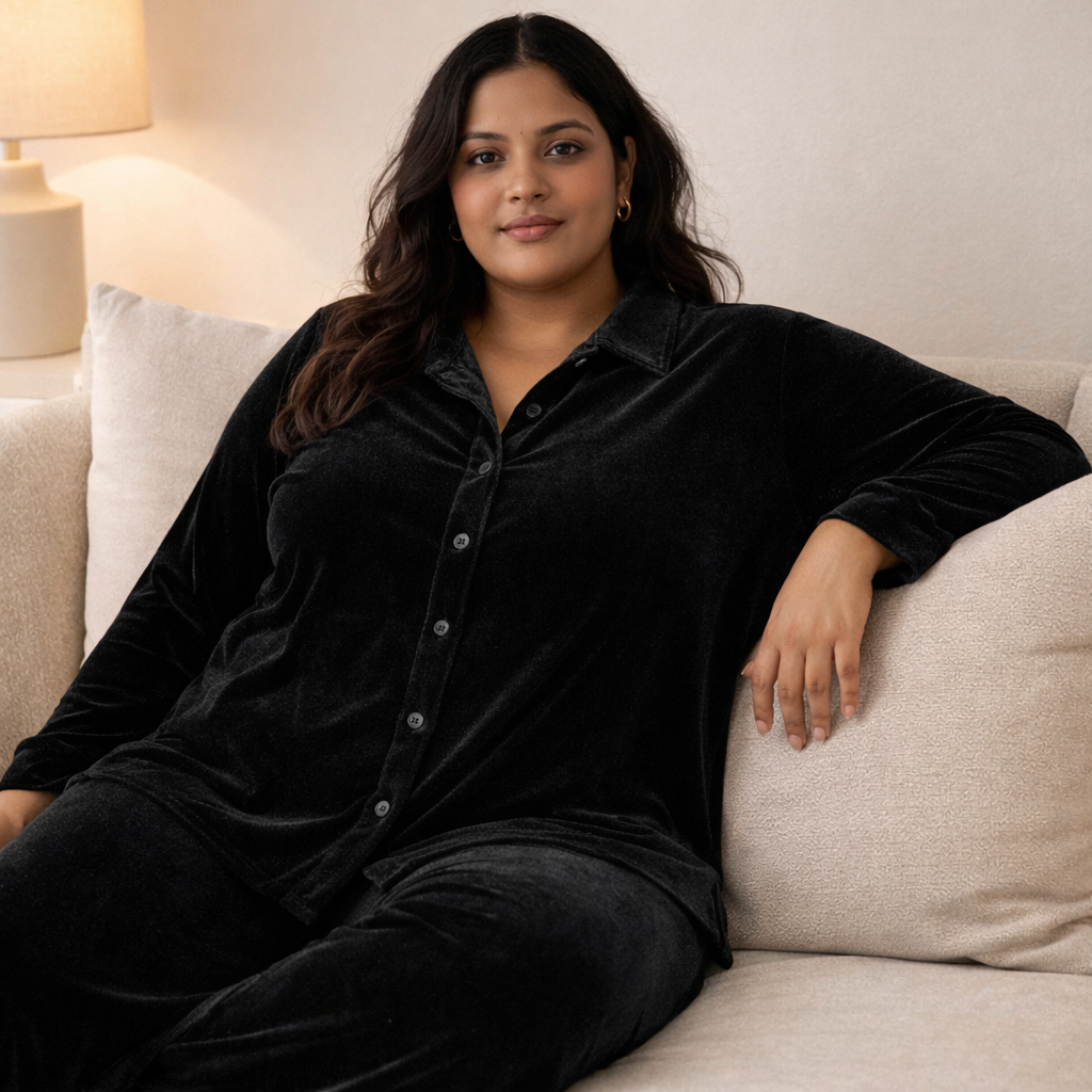 Black Solid Velvet Plus Size Pant Shirt Co-Ord Set for Women – 8XL