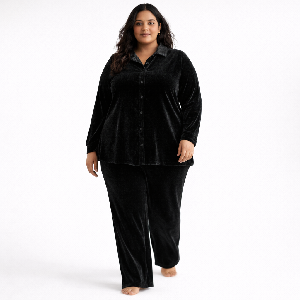 Black Solid Velvet Plus Size Pant Shirt Co-Ord Set for Women – 6XL