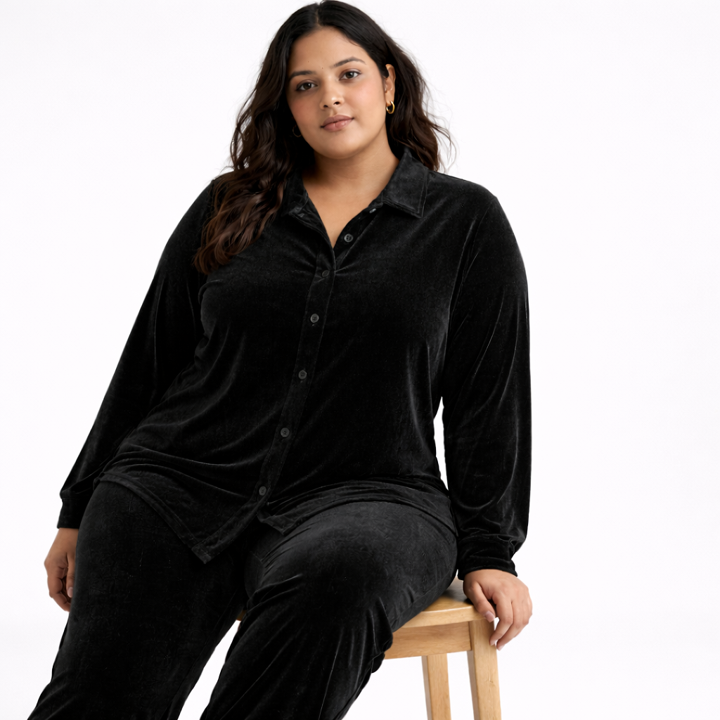 Black Solid Velvet Plus Size Pant Shirt Co-Ord Set for Women - 5XL