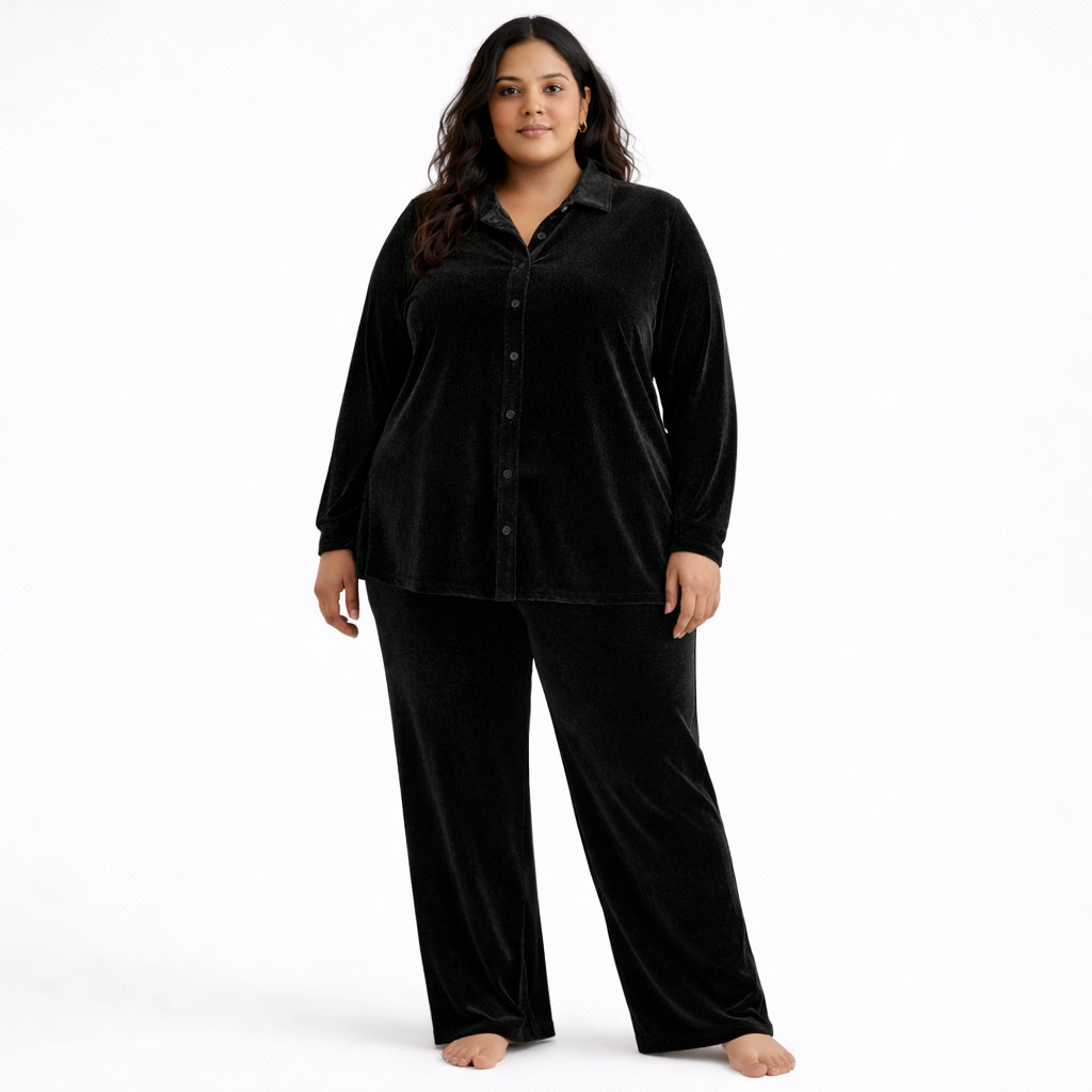 Black Solid Velvet Plus Size Pant Shirt Co-Ord Set for Women – 7XL