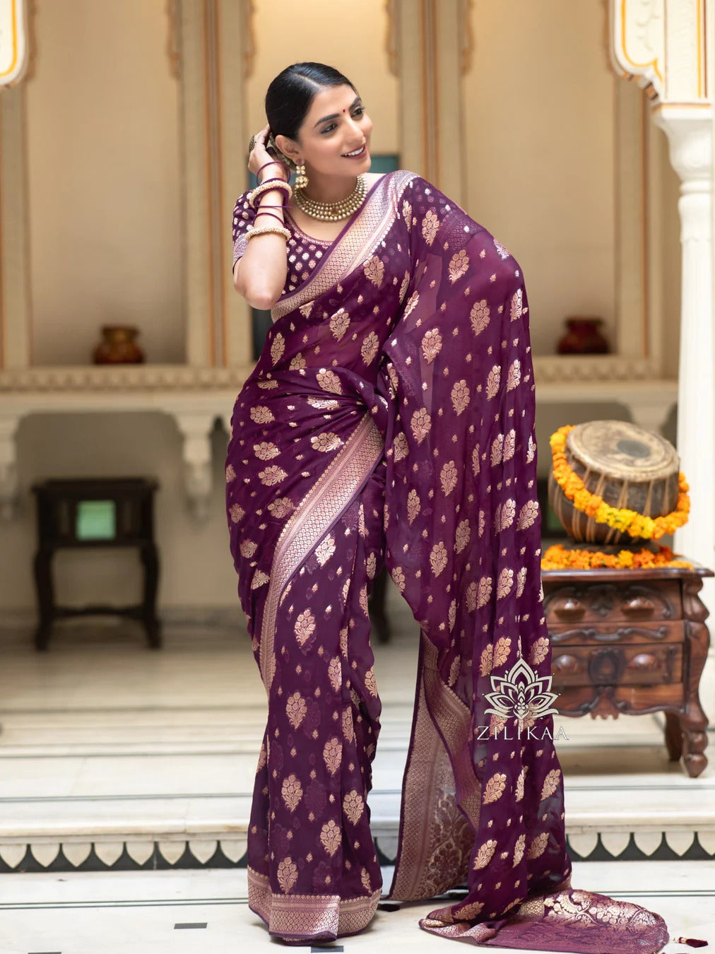 Banarasi Soft Silk Saree with Gold Zari – Shade 7 (443GM)