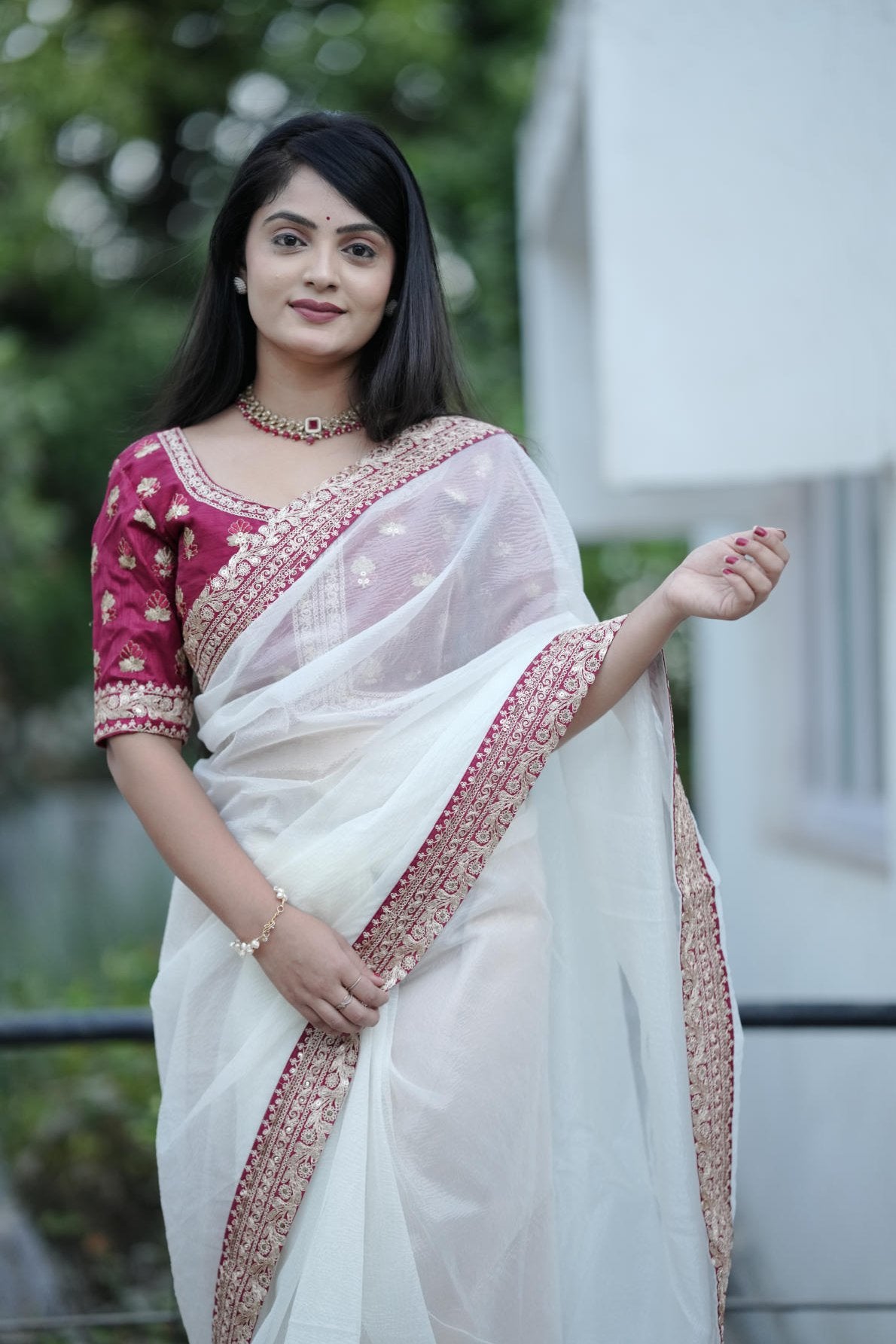 off white banarasi crush saree with sequins border and maroon embroidered blouse