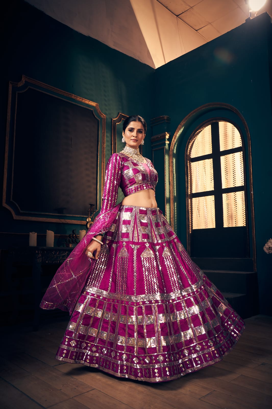 Weave Timo Silk Wedding Lehenga Choli with Rainbow Sequin Embroidery & Butterfly Net Dupatta