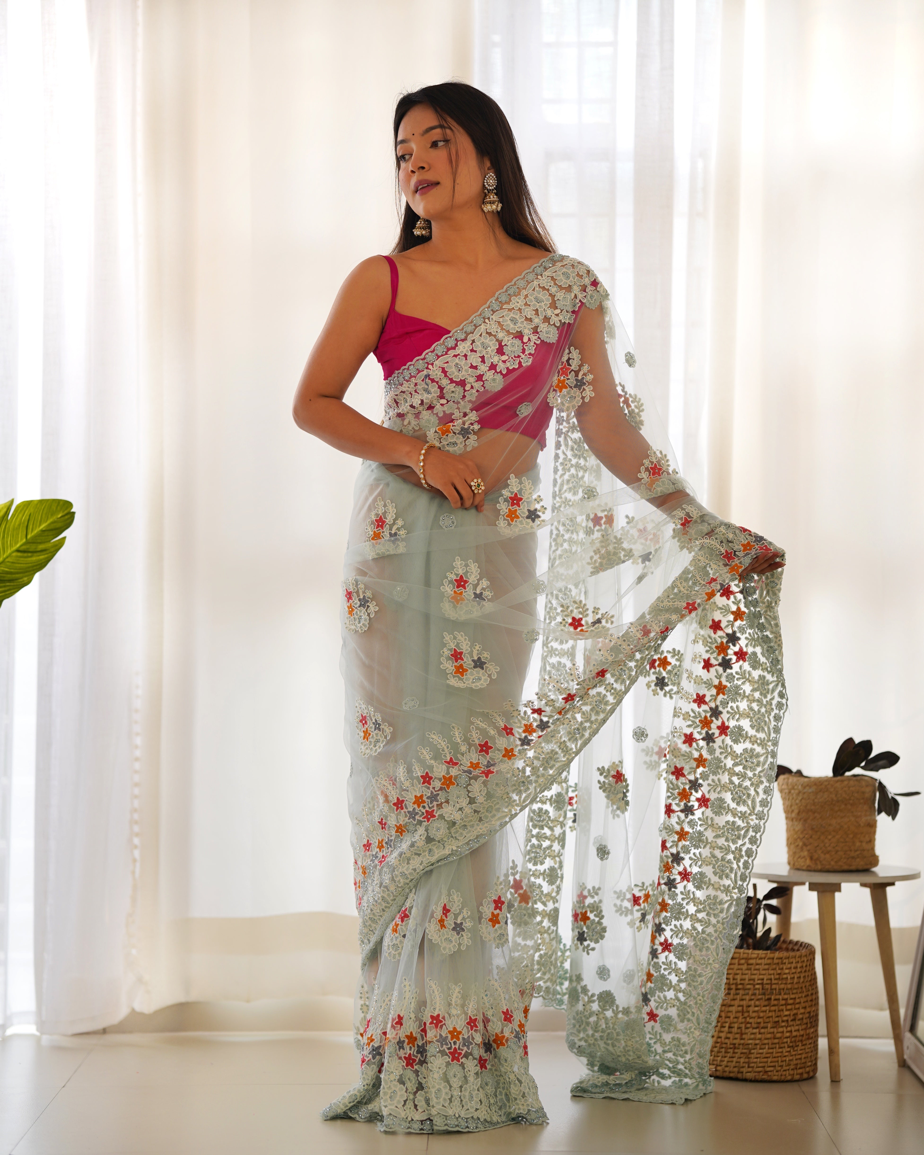 Heavy Butterfly Net Saree With Multicolor Thread Aari Embroidery And Stone Work