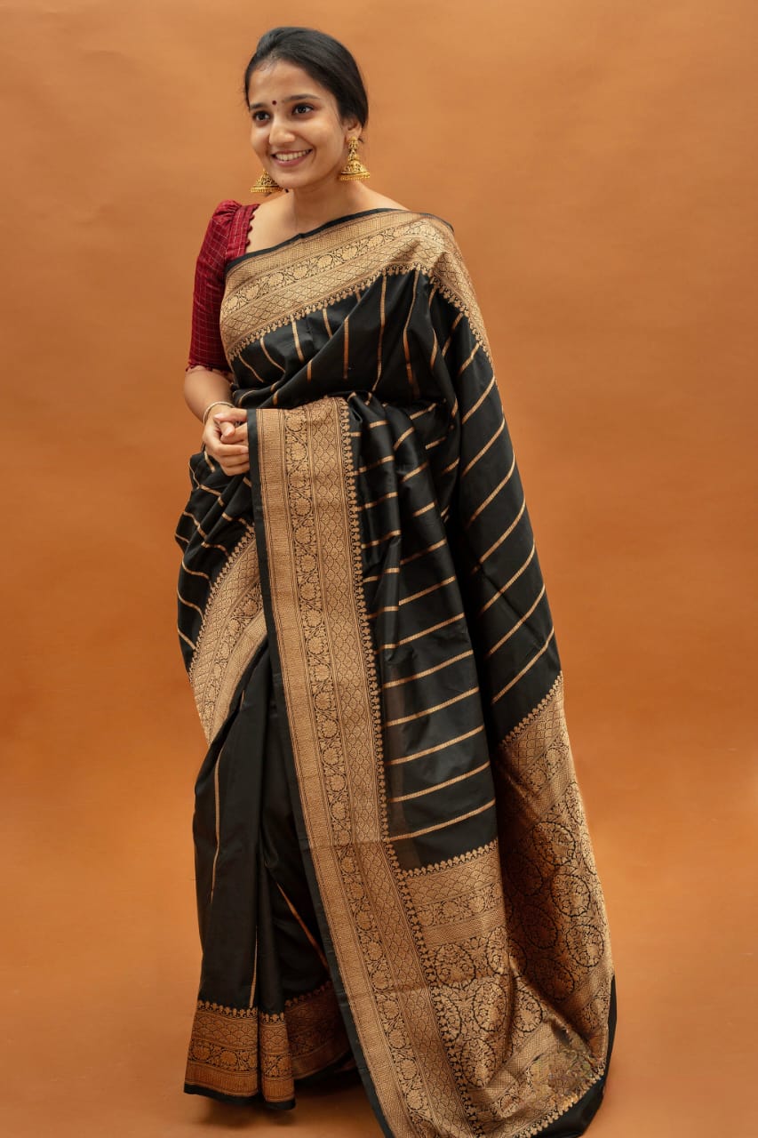 Serene Aura Banarasi Soft Silk Saree with Handwoven Copper Zari Detailing – Colour 1