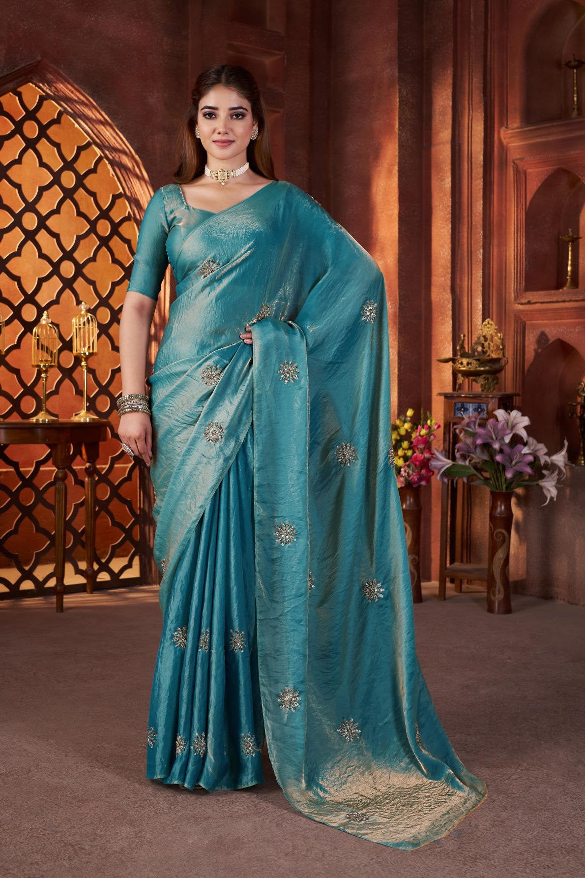 fandy satin silk saree with beads and pipe hand work butta and matching blouse