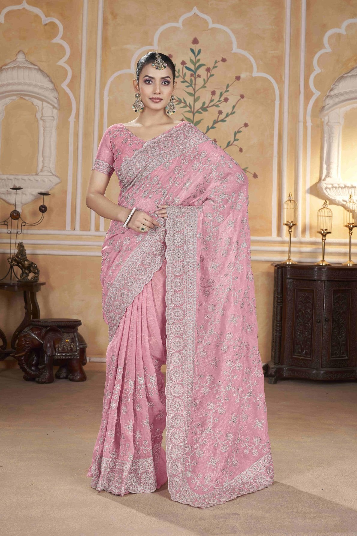 gold crunchy saree with silver jari embroidery diamond work and cutwork border with embroidered blouse