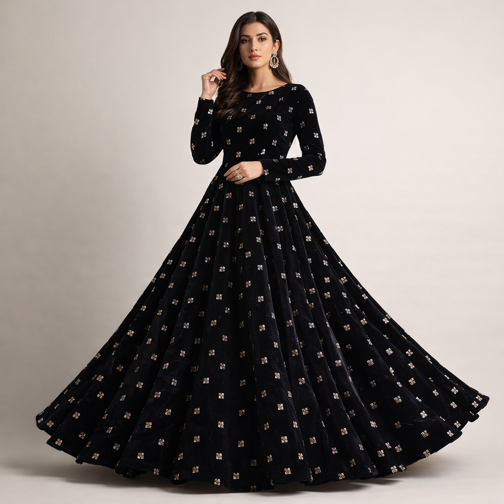 Black Square Embroidery Velvet Fabric – Designer Work | 1 Meter
