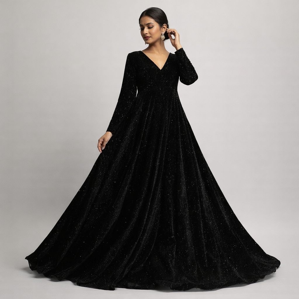 Black Sparkle Velvet Fabric – Premium Shimmer Finish | 1 Meter