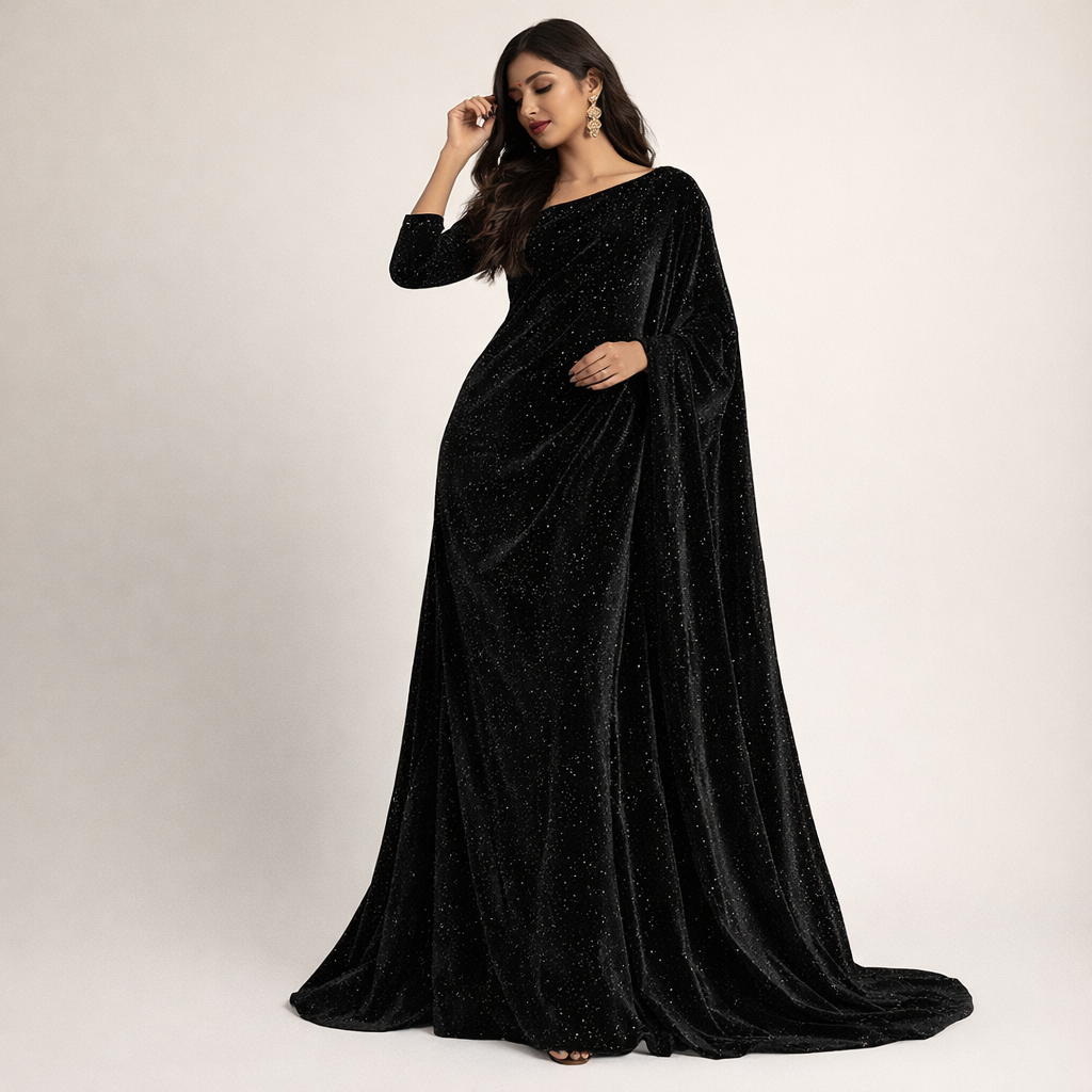 Black Sparkle Velvet Fabric – Premium Shimmer Finish | 1 Meter