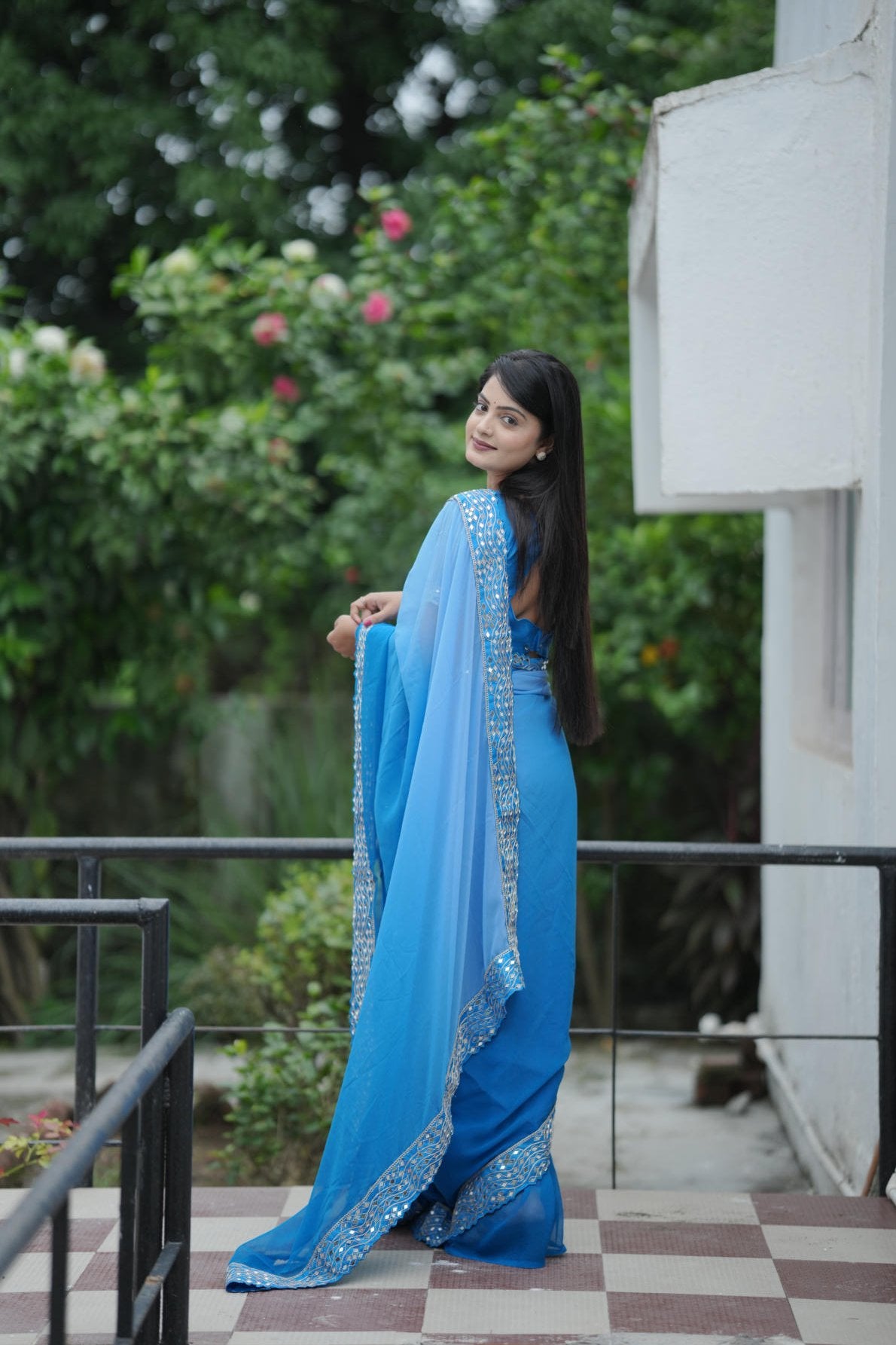 heavy faux georgette shaded saree with mirror work lace border and embroidered mono diamond silk blouse