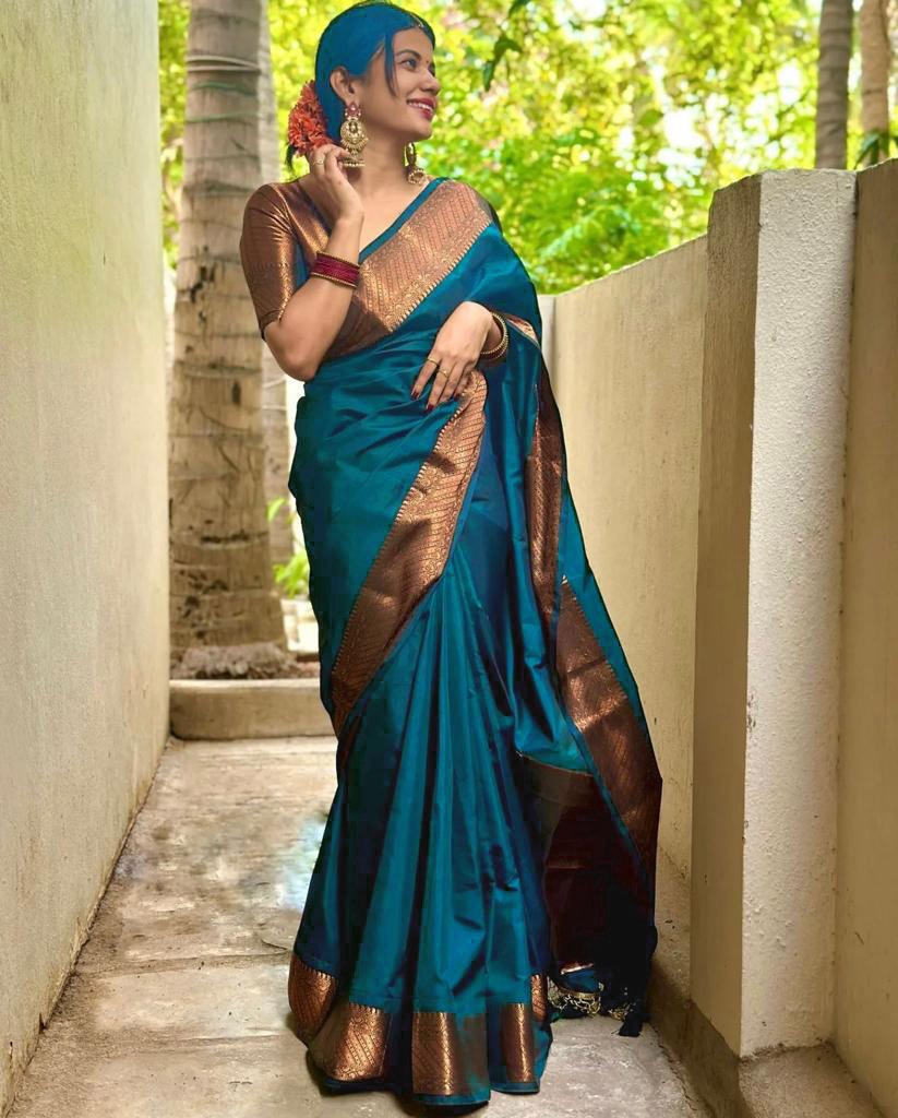 Banarasi Soft Silk Saree with Intricate Detailing & Stunning Pallu – Shade 1 | Copper Zari Weaving