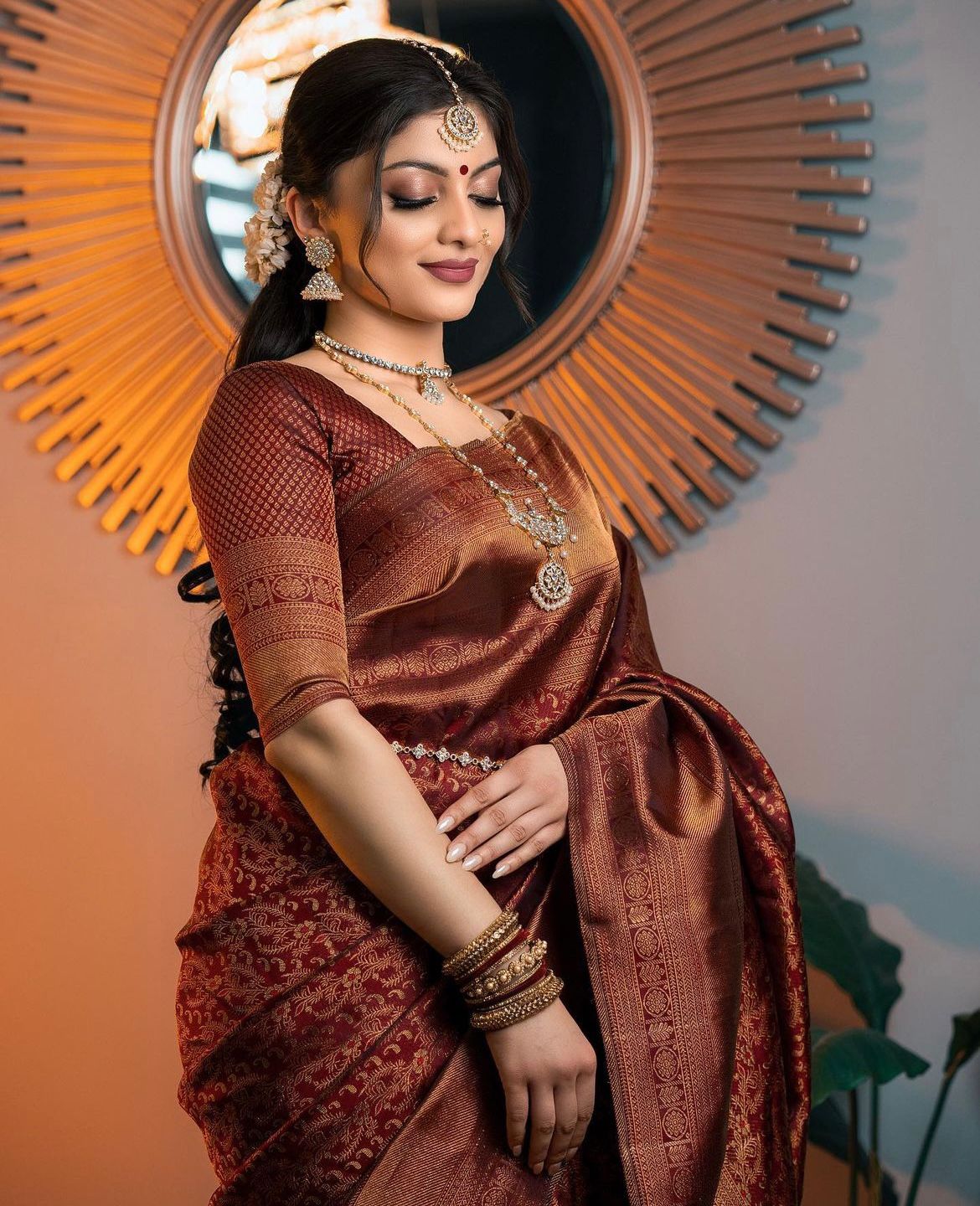 Banarasi Soft Silk Saree | Minimalist Sustainable Fashion | Copper Zari Weaving | Shade 1 | 575GM