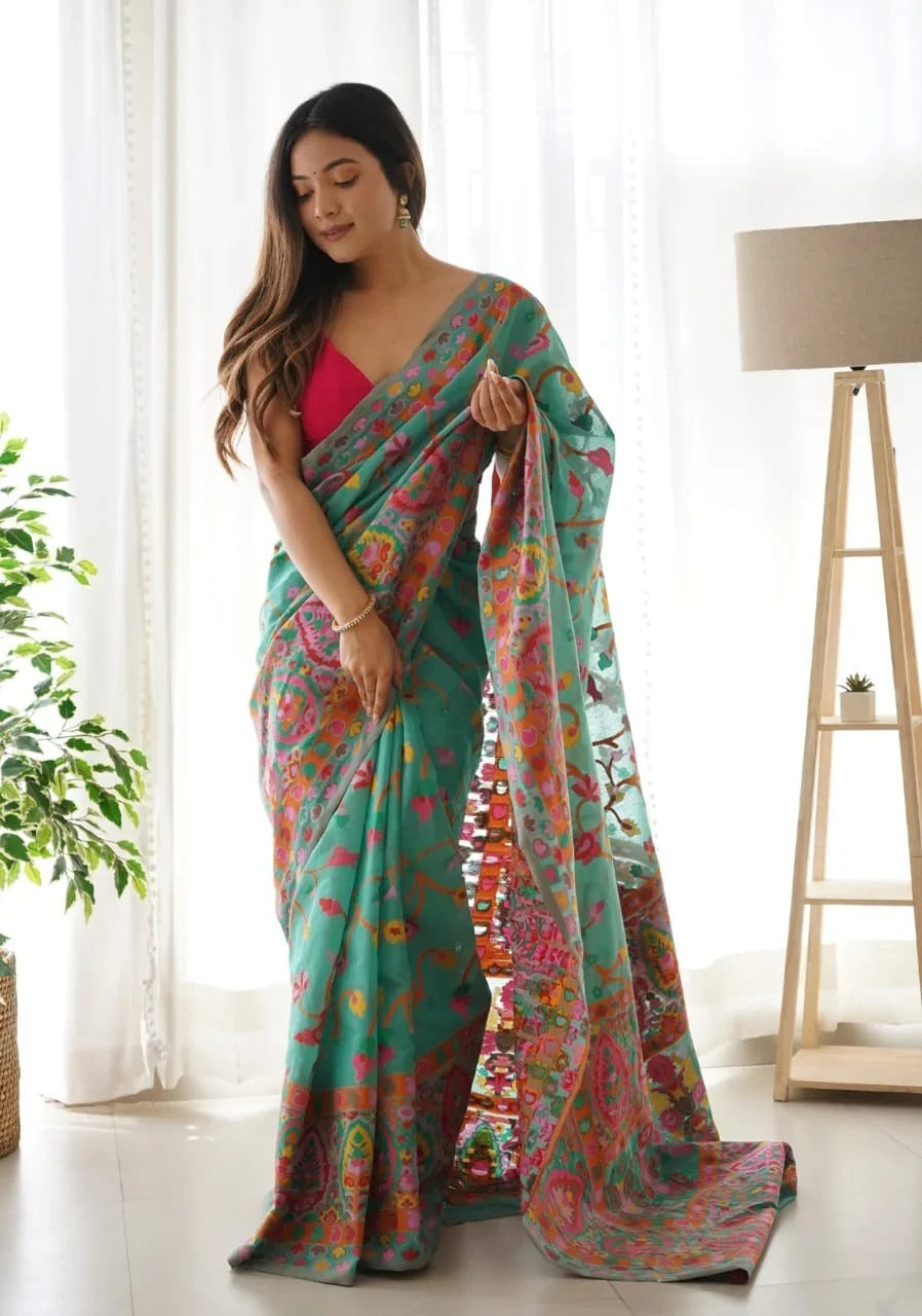 WeaveSaree Banarasi Soft Silk Saree with Kashmiri Multicolor Thread & Pure Zari Weaving – 5.5 Meters