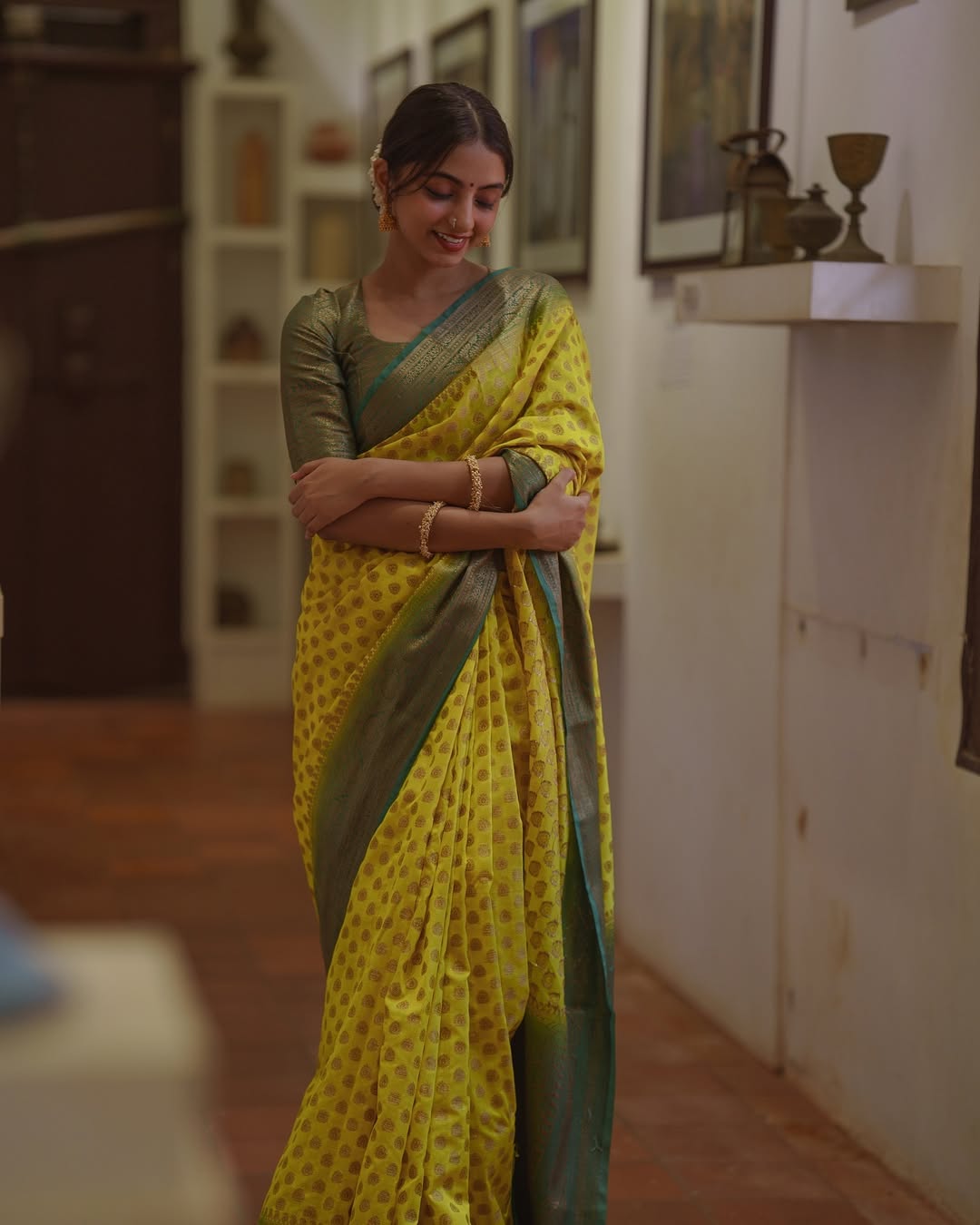 Ethereal Grace Banarasi Soft Silk Saree with Copper Zari Weaving – Colour 1