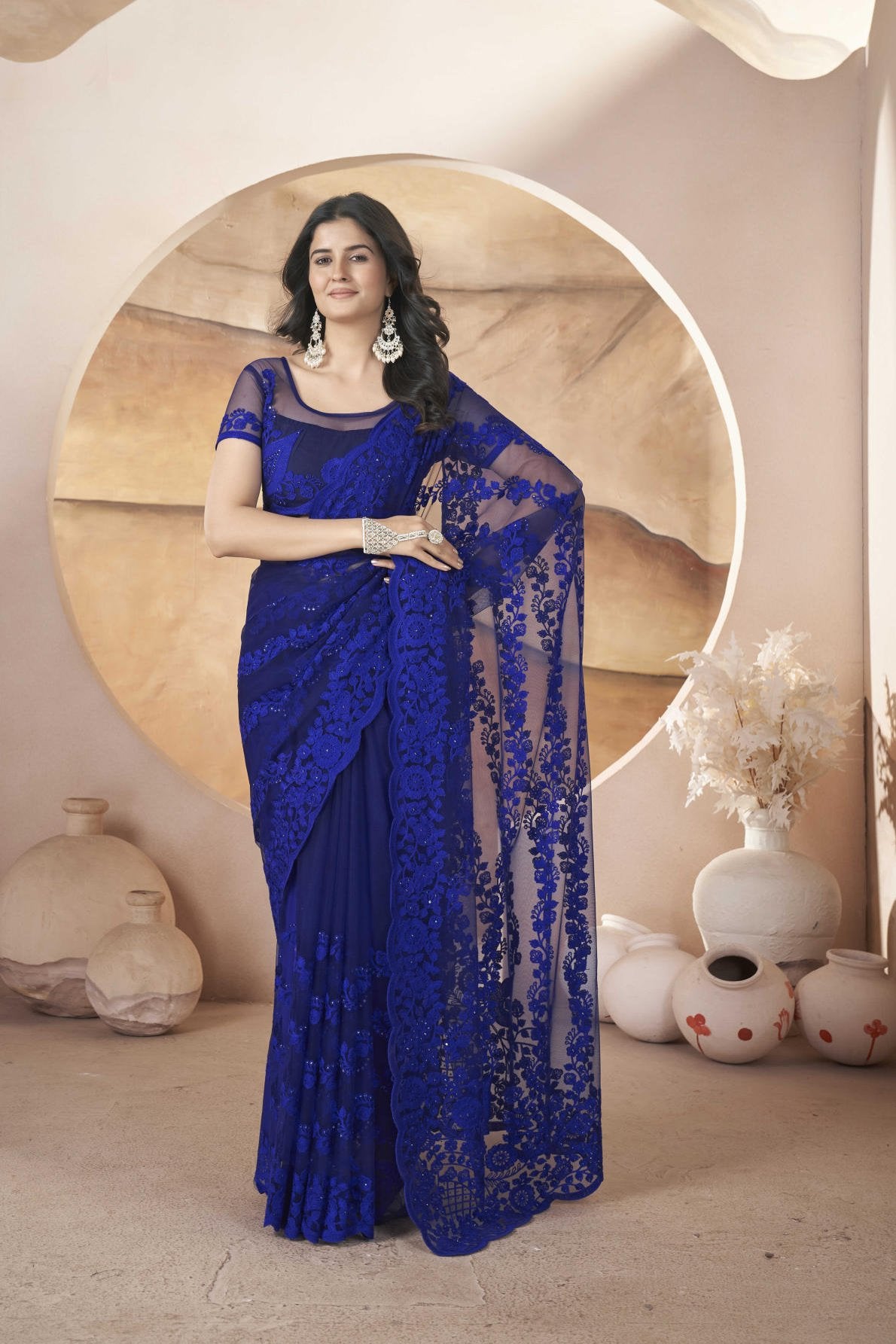 heavy butterfly net saree with tone to tone aari embroidery stone work and rich pallu with embroidered blouse