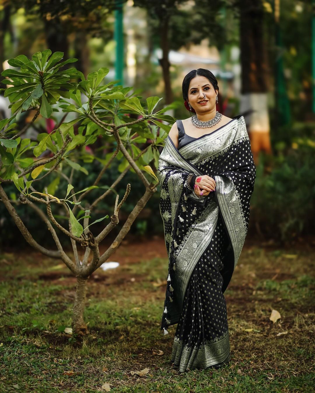Royal Charm Banarasi Soft Silk Saree with Intricate Silver Zari Weaving – Colour 1