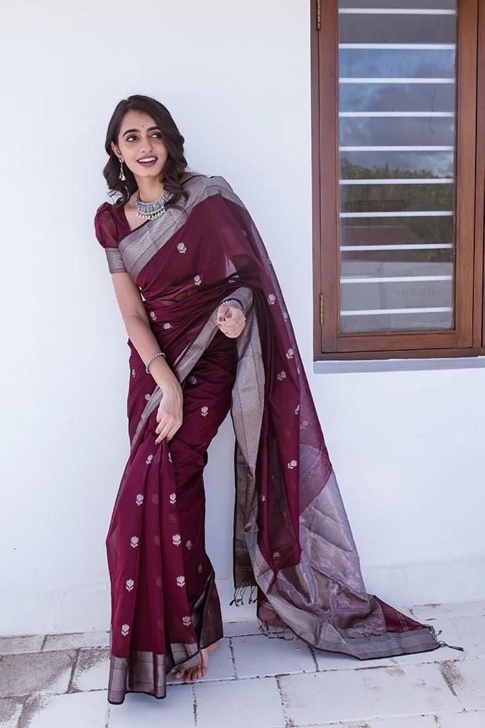 Soft Linen Cotton Silk Saree – Vibrant Festive Design with Full Body Weaving, 509GM