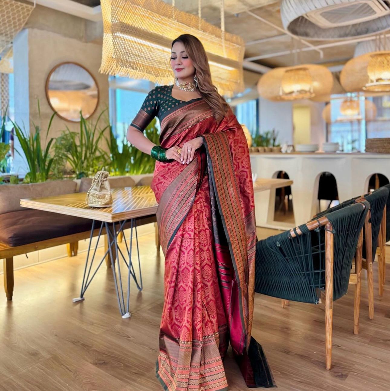 Chic Banarasi Silk Saree with Copper Zari