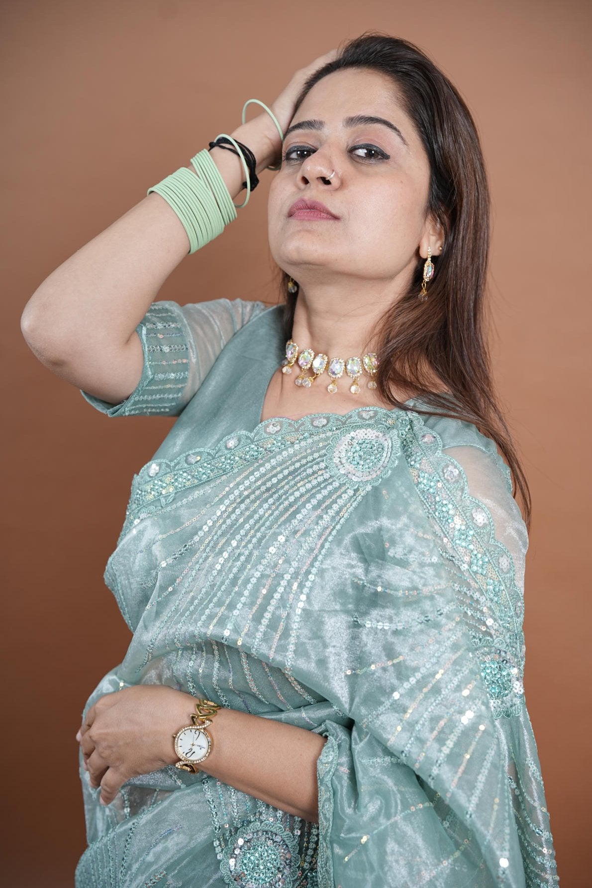 Pure Tissue Net Saree With Sequince Malti Thread Embroidery Cutwork Border And Stone Work