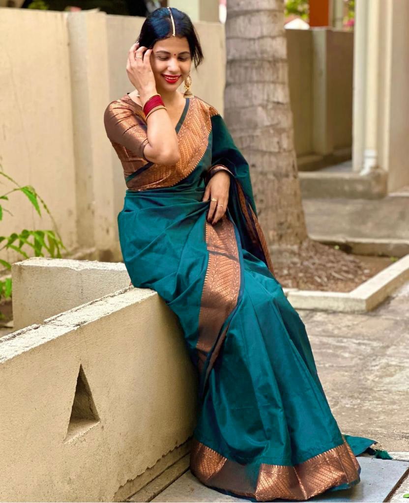 Banarasi Soft Silk Saree with Intricate Detailing & Stunning Pallu – Shade 1 | Copper Zari Weaving