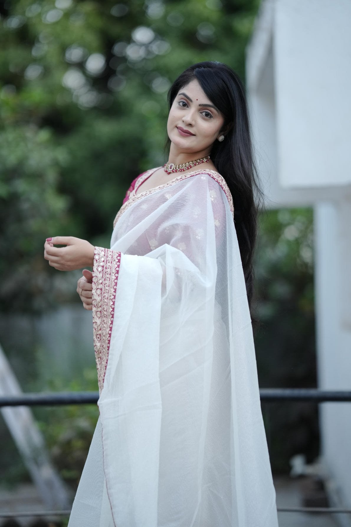 off white banarasi crush saree with sequins border and maroon embroidered blouse