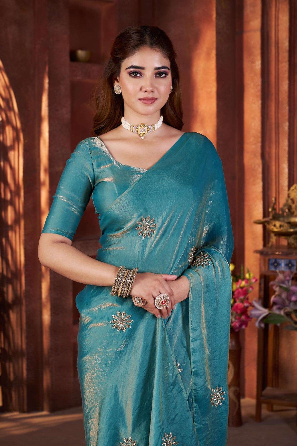 fandy satin silk saree with beads and pipe hand work butta and matching blouse