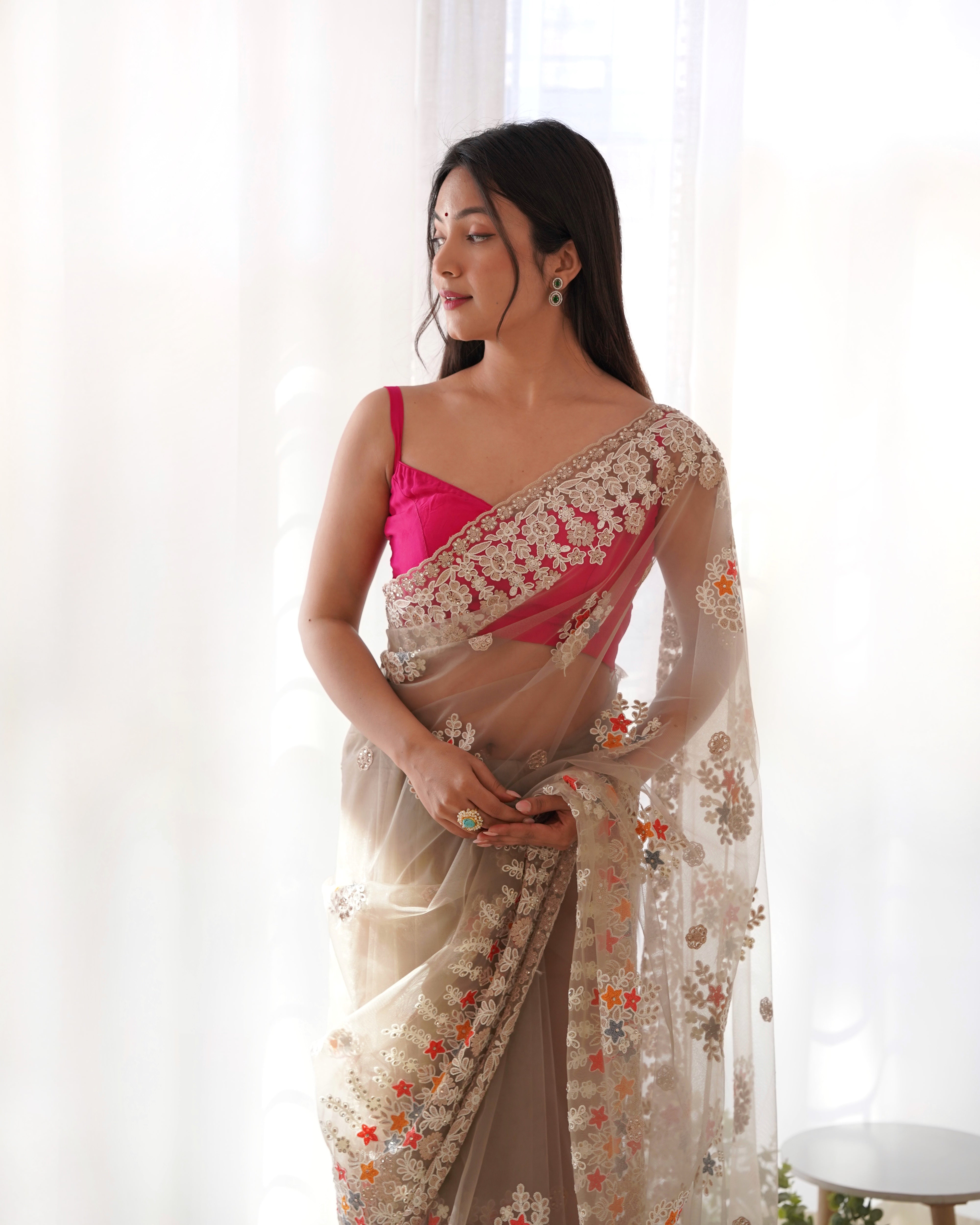 Heavy Butterfly Net Saree With Multicolor Thread Aari Embroidery And Stone Work