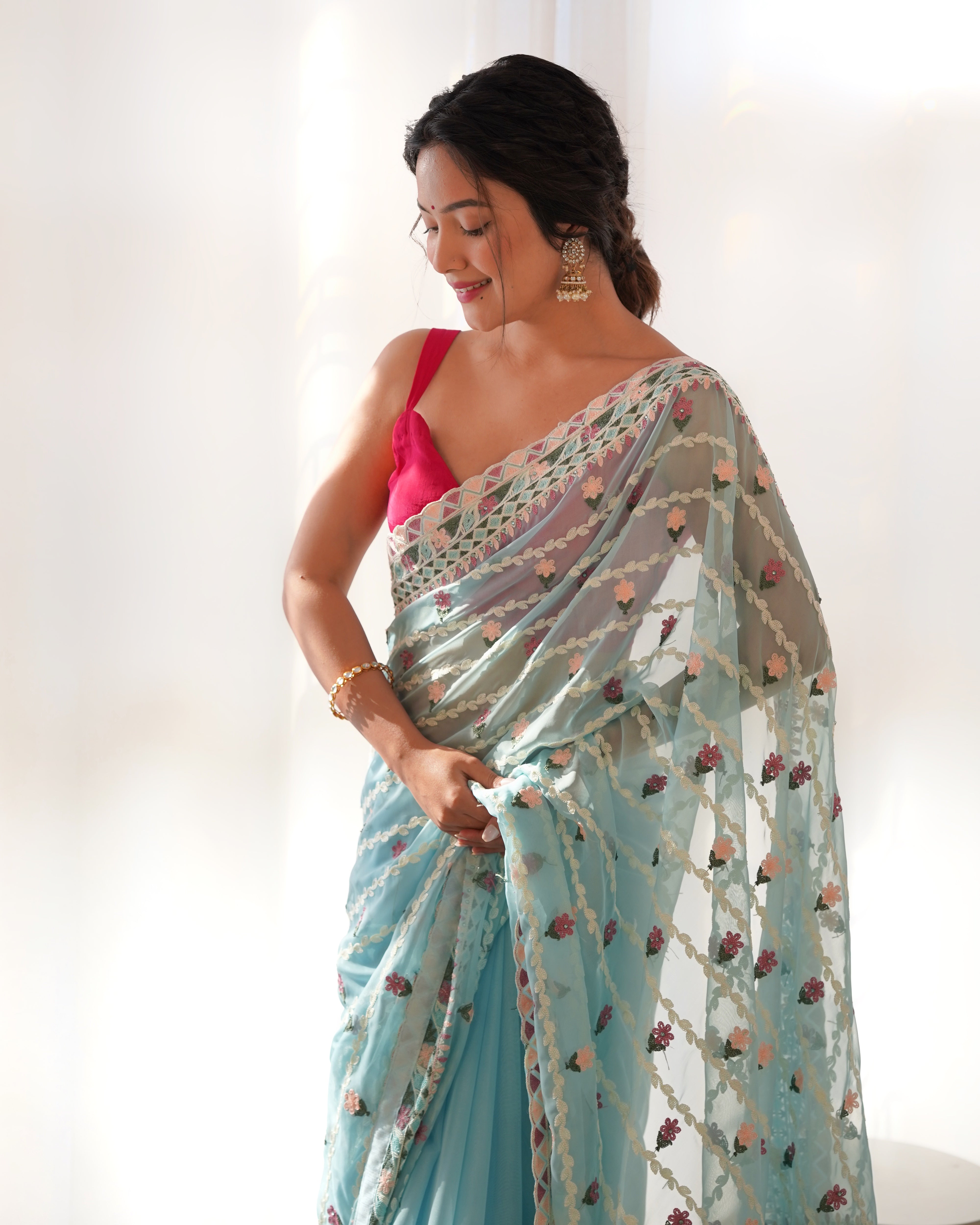 heavy butterfly net saree with designer aari embroidery stone work rich pallu
