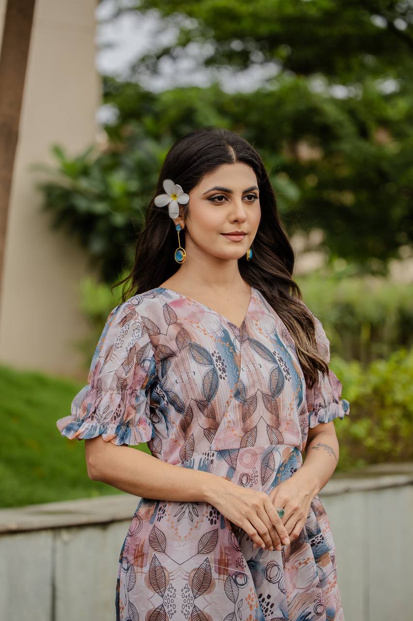 Weave faux georgette digital print designer gown with 5 meter flare and half sleeves