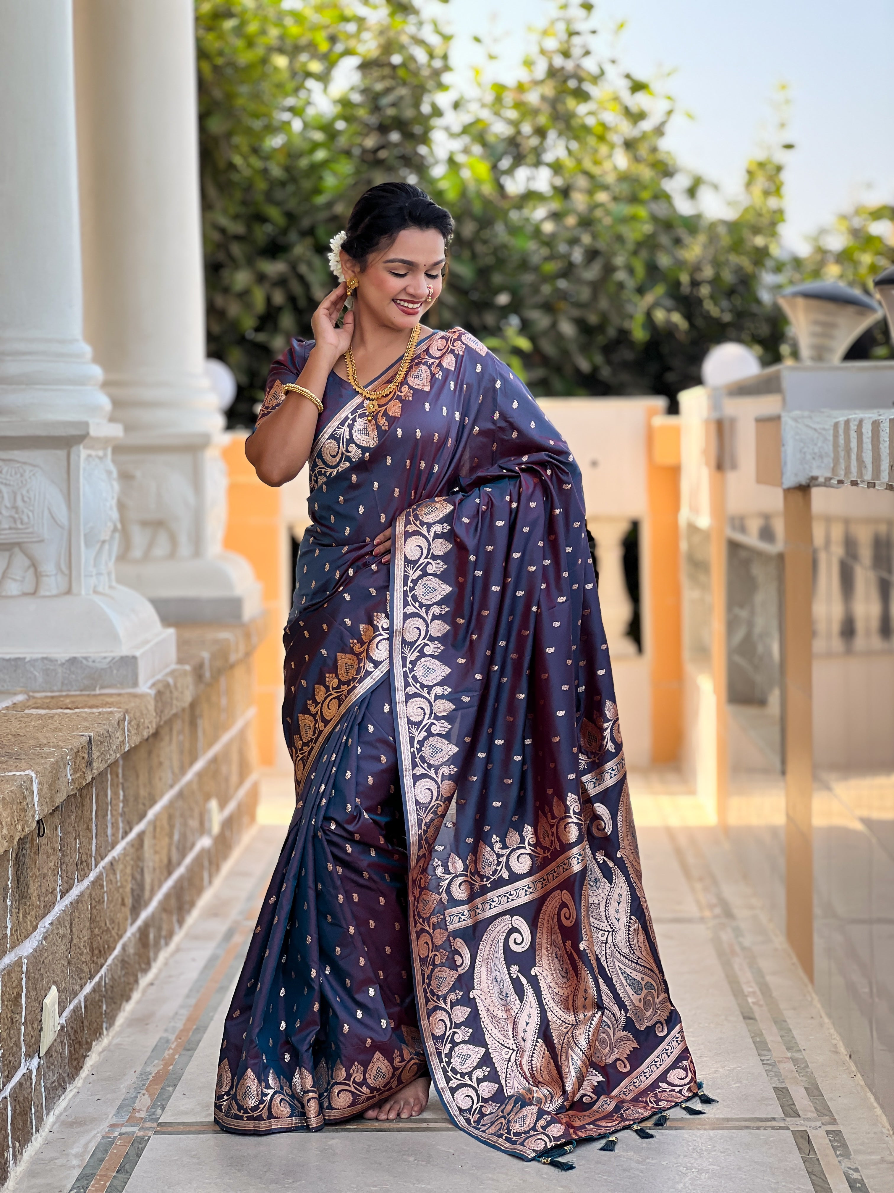 Soft Banarasi Silk Saree; Pure Silk Zari Weaving Saree; Rich Zari Pallu with Meenakari Border; Traditional Banarasi Sari with Tassels; Matching Soft Silk Woven Blouse Piece