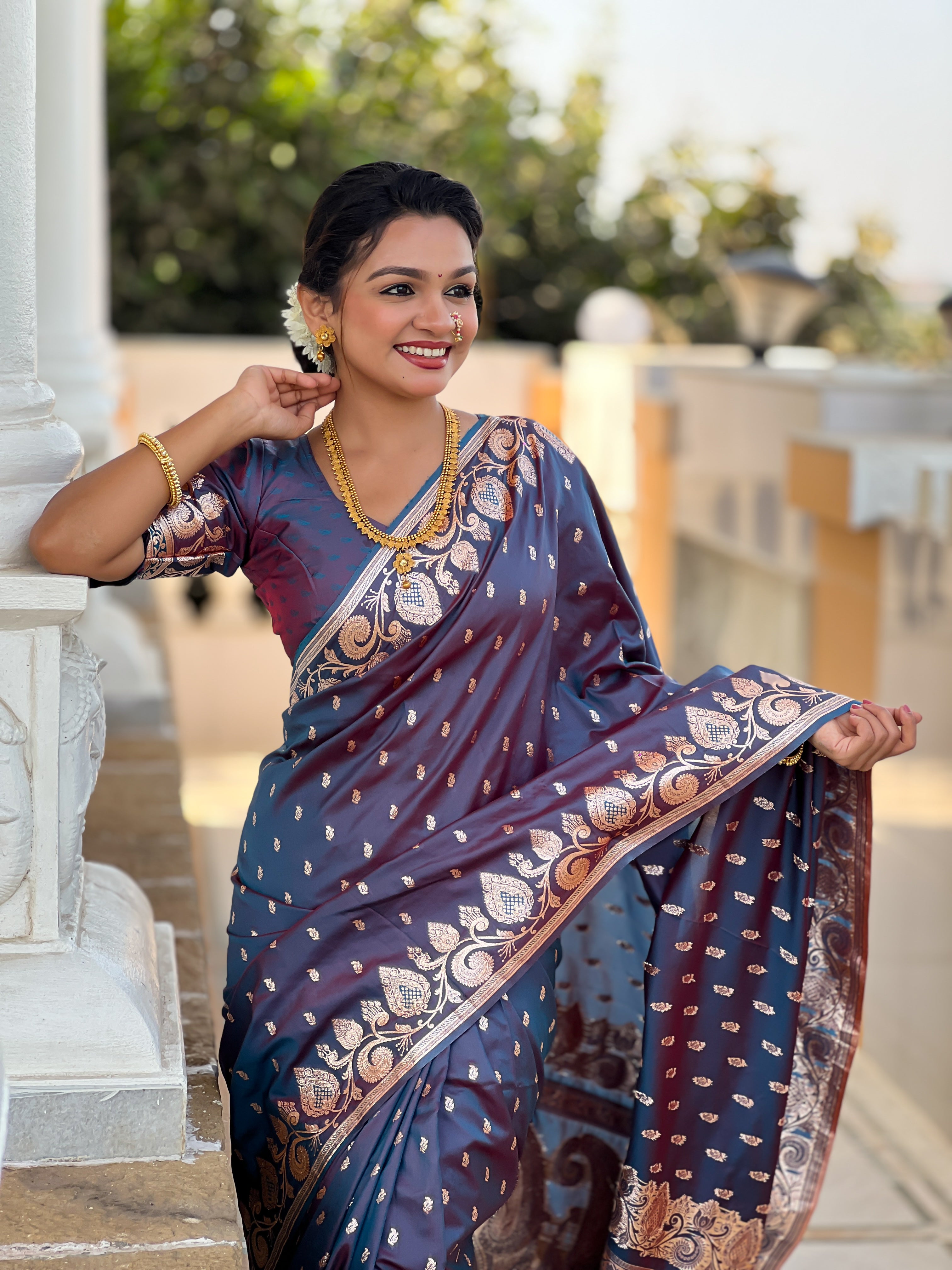 Soft Banarasi Silk Saree; Pure Silk Zari Weaving Saree; Rich Zari Pallu with Meenakari Border; Traditional Banarasi Sari with Tassels; Matching Soft Silk Woven Blouse Piece