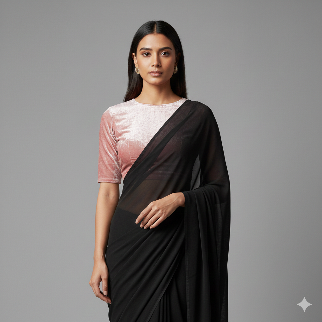Black georgette saree paired with baby pink velvet blouse in elegant contrast style