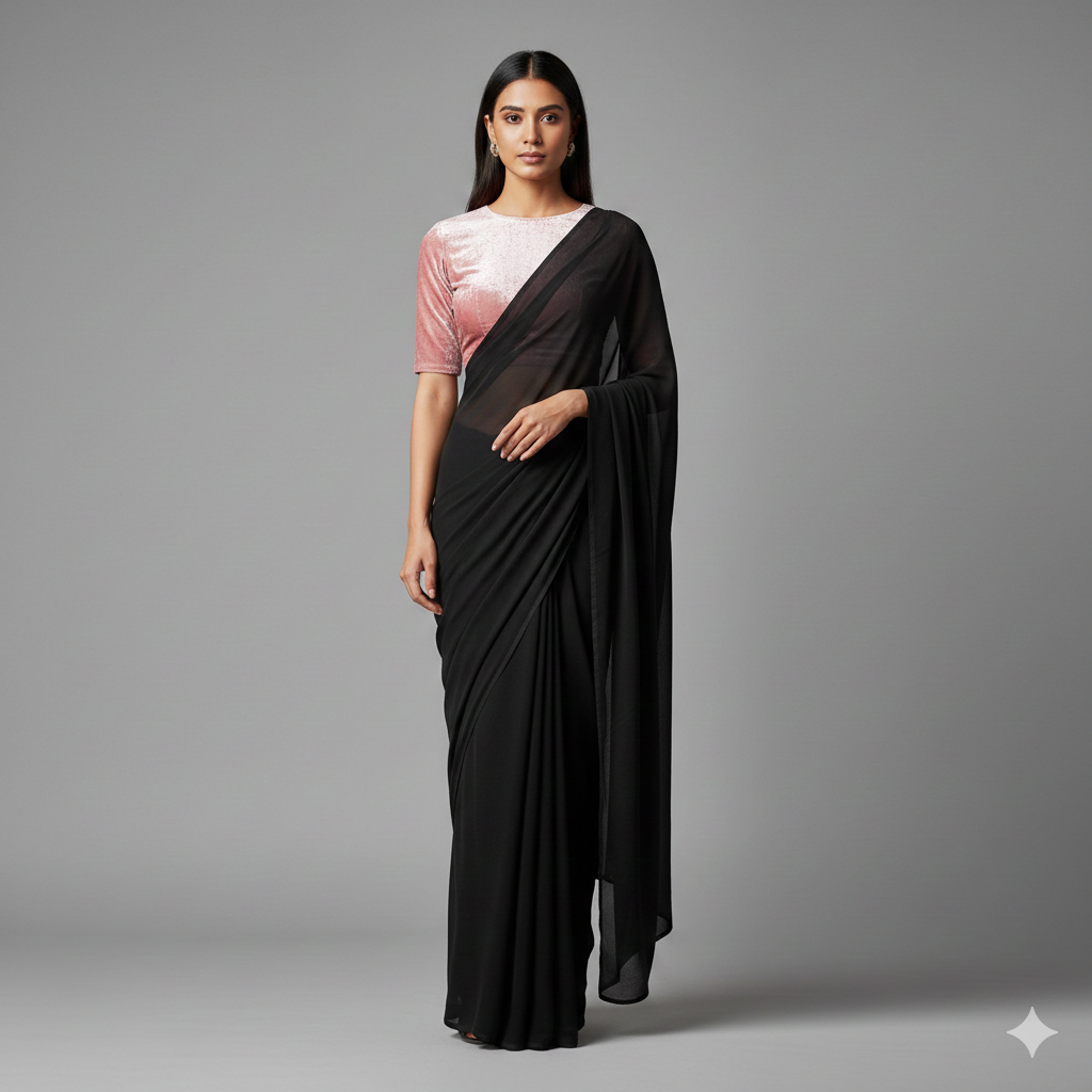 Black georgette saree paired with baby pink velvet blouse in elegant contrast style